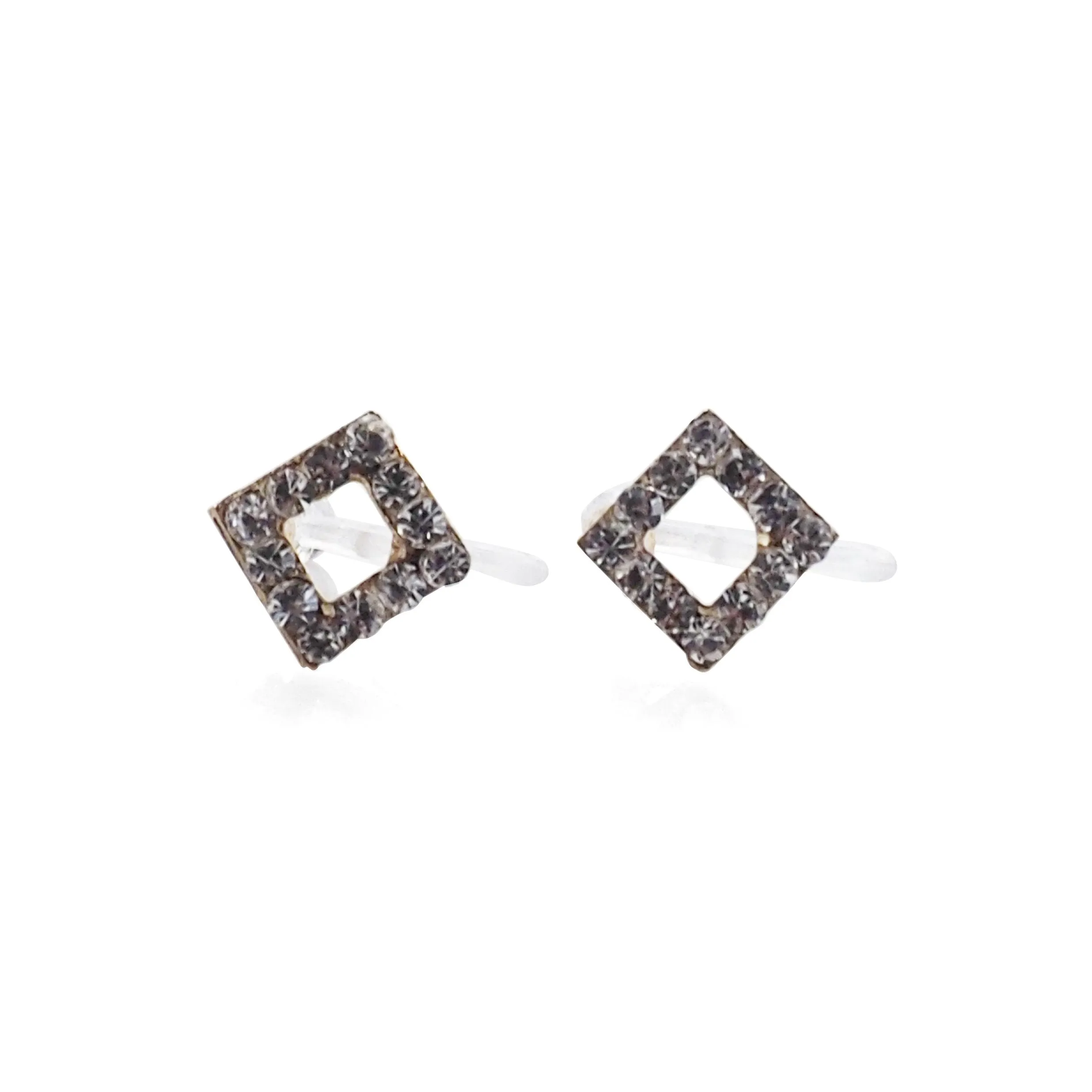 Square Rhinestone and Gold Invisible Clip On Stud Earrings