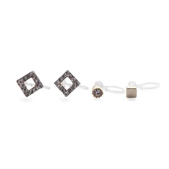Square Rhinestone and Gold Invisible Clip On Stud Earrings