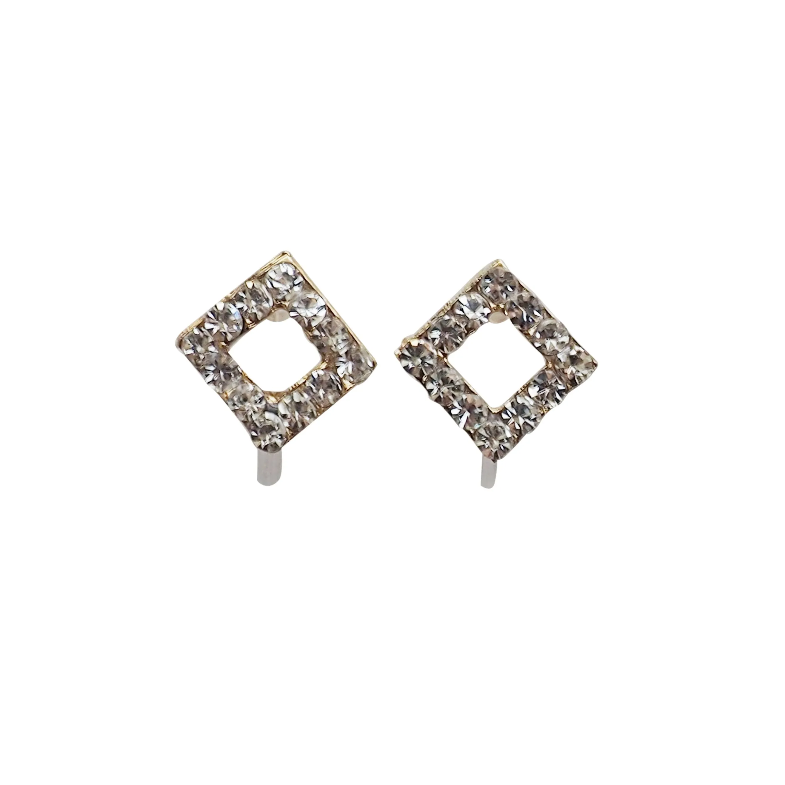 Square Rhinestone and Gold Invisible Clip On Stud Earrings