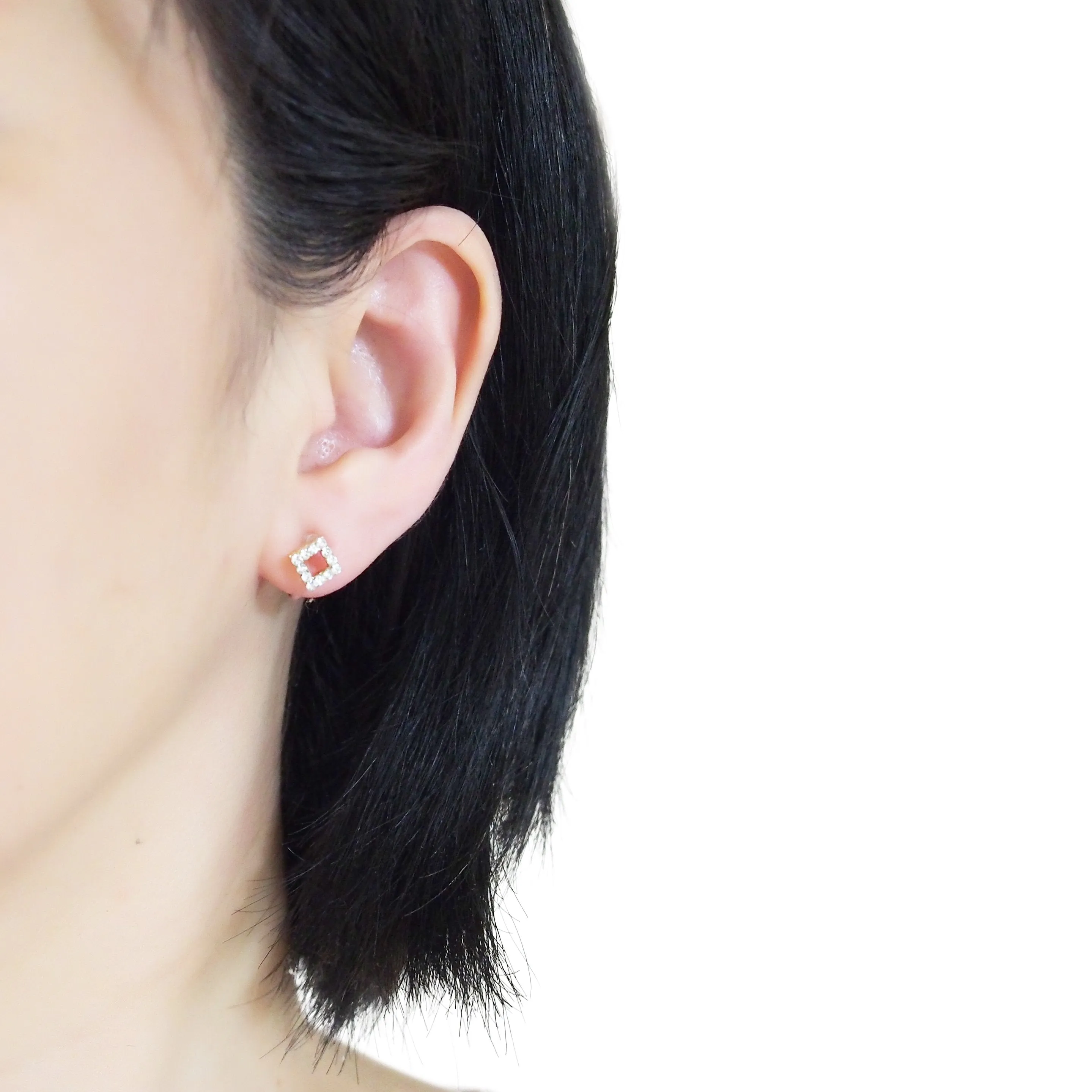 Square Rhinestone and Gold Invisible Clip On Stud Earrings