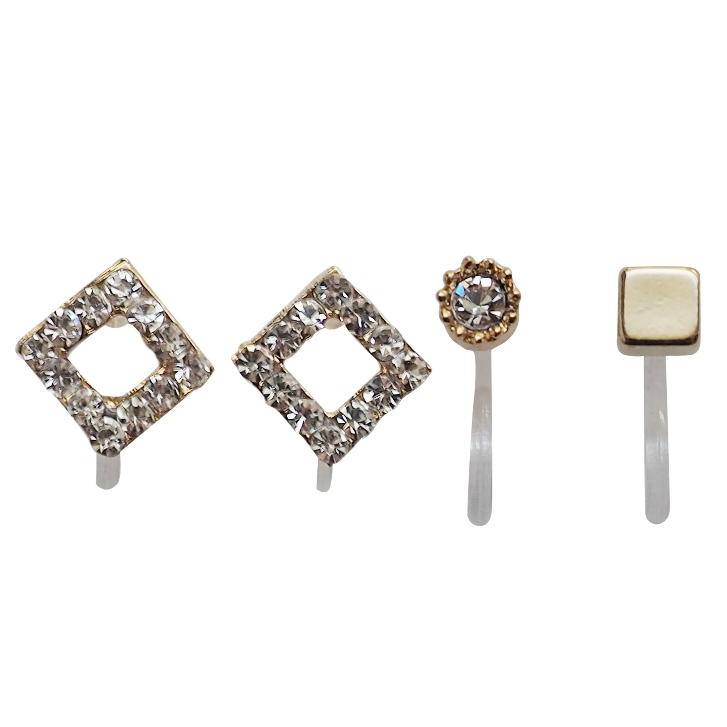 Square Rhinestone and Gold Invisible Clip On Stud Earrings