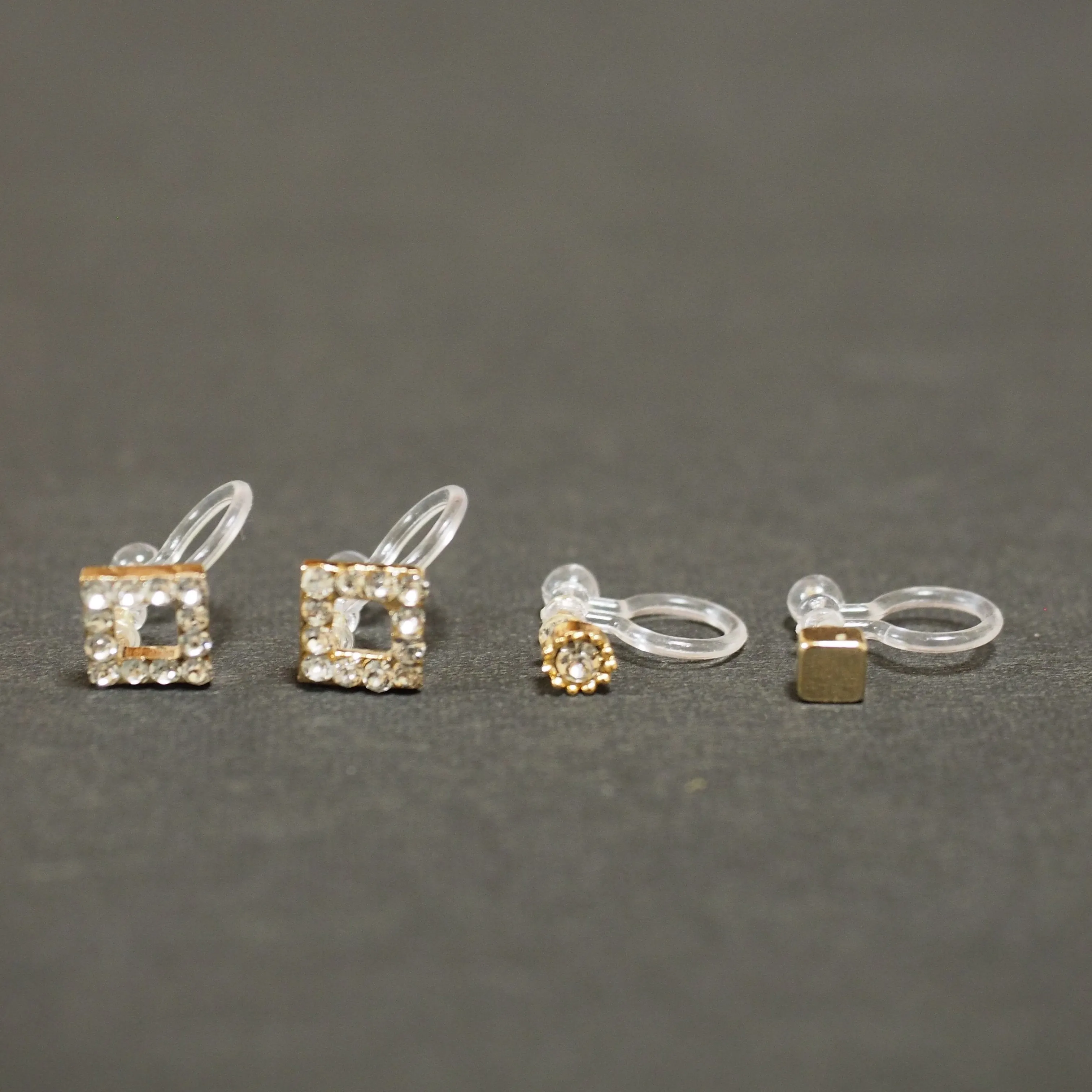 Square Rhinestone and Gold Invisible Clip On Stud Earrings