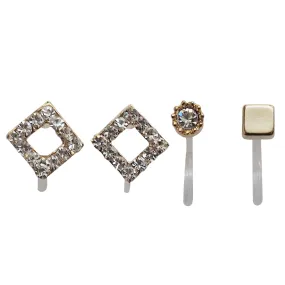Square Rhinestone and Gold Invisible Clip On Stud Earrings