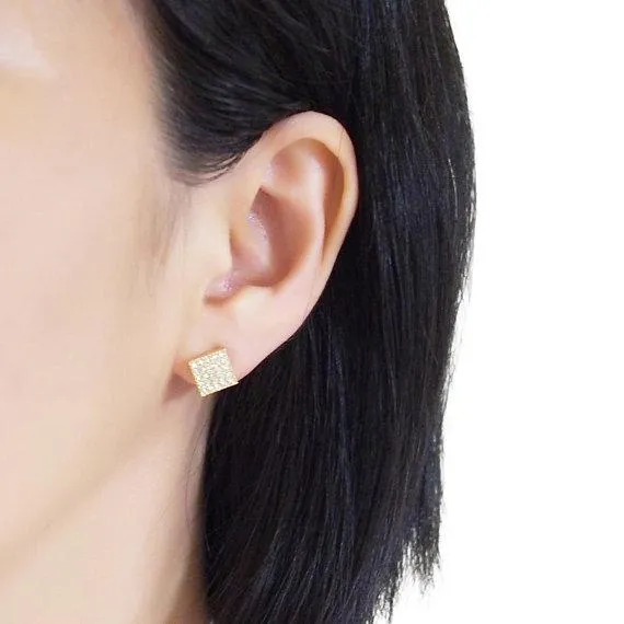 Square Swarovski Crystal Rhinestone Pave Invisible Clip On Stud Earrings ( Gold tone )