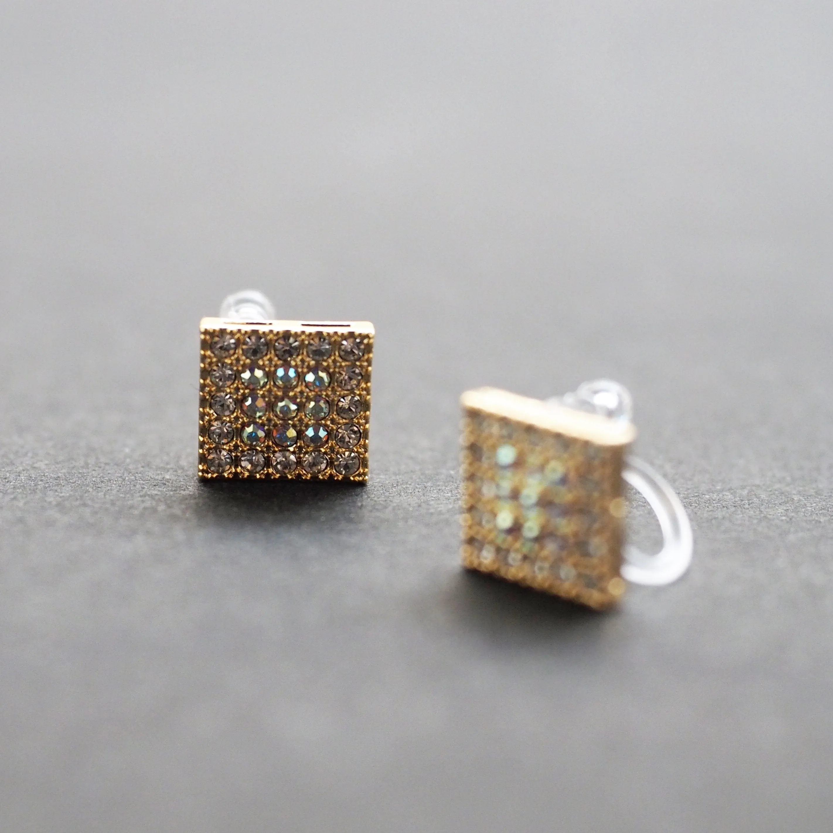 Square Swarovski Crystal Rhinestone Pave Invisible Clip On Stud Earrings ( Gold tone )