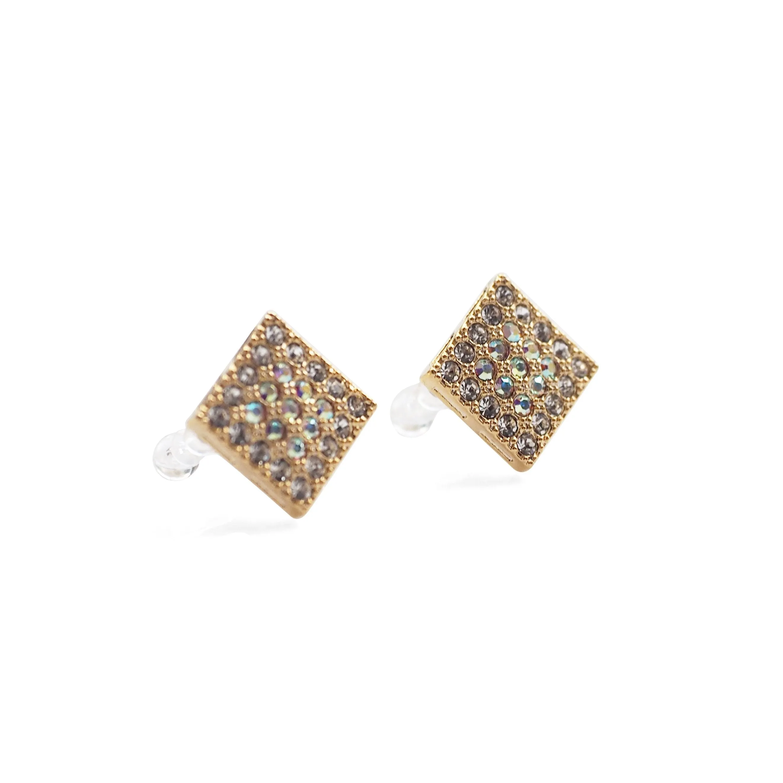 Square Swarovski Crystal Rhinestone Pave Invisible Clip On Stud Earrings ( Gold tone )