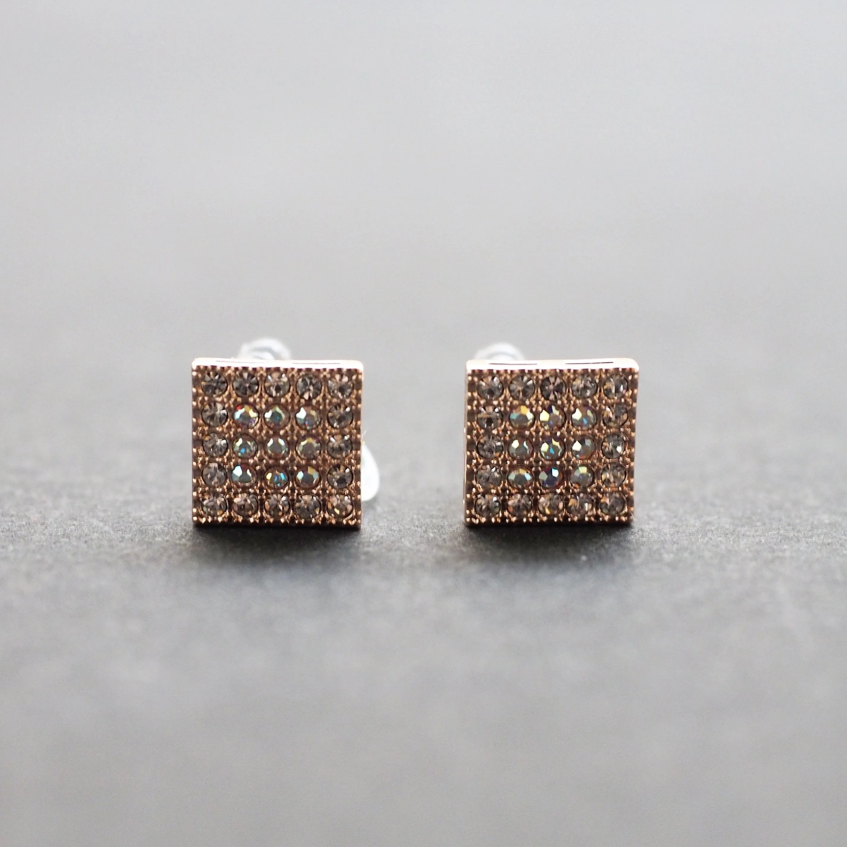Square Swarovski Crystal Rhinestone Pave Invisible Clip On Stud Earrings ( Gold tone )