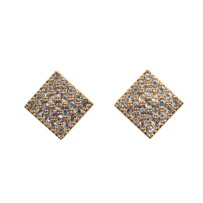 Square Swarovski Crystal Rhinestone Pave Invisible Clip On Stud Earrings ( Gold tone )