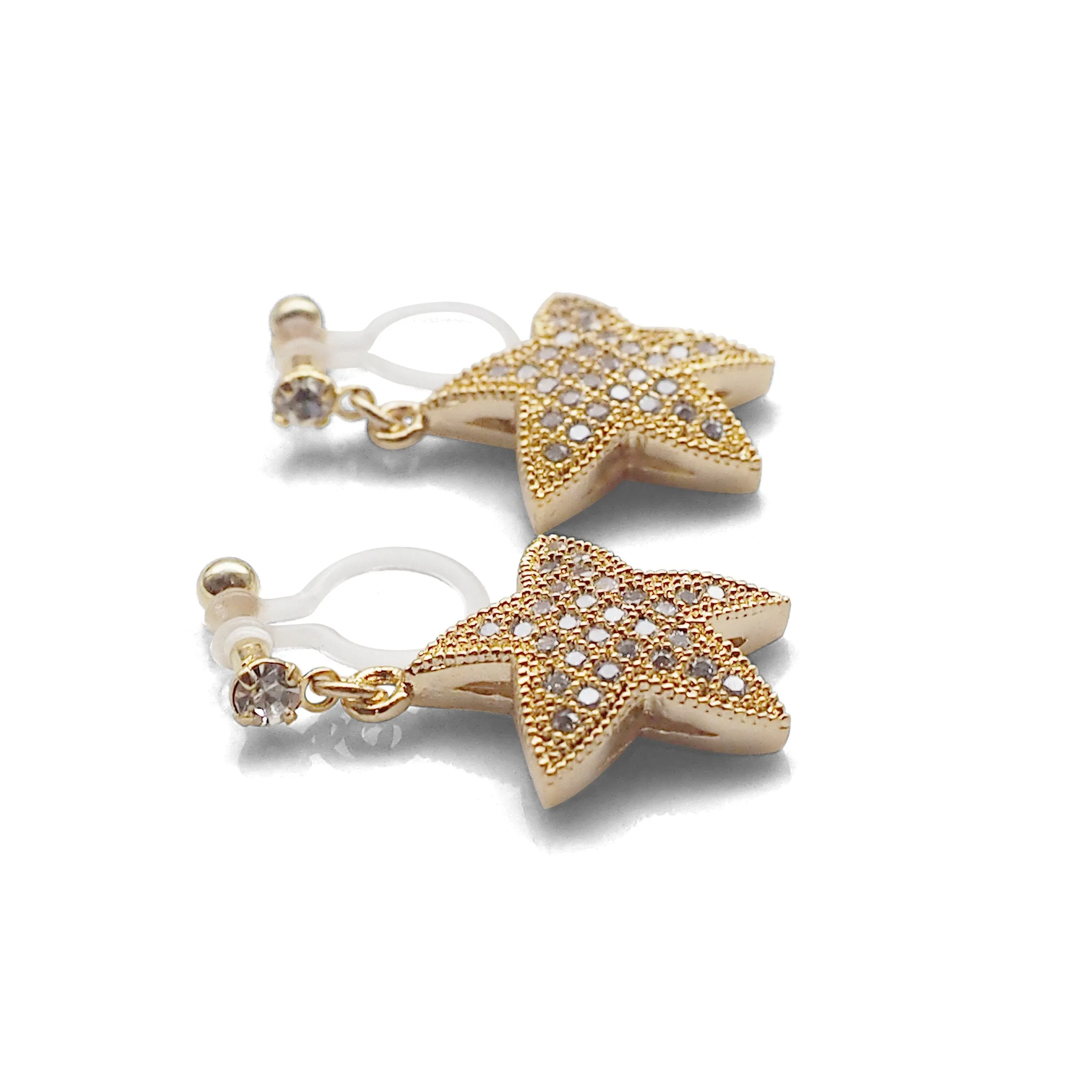 Star micro pave cubic zirconia invisible clip on earrings ( gold tone )