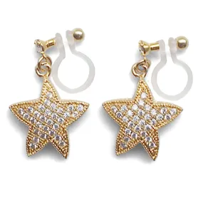 Star micro pave cubic zirconia invisible clip on earrings ( gold tone )