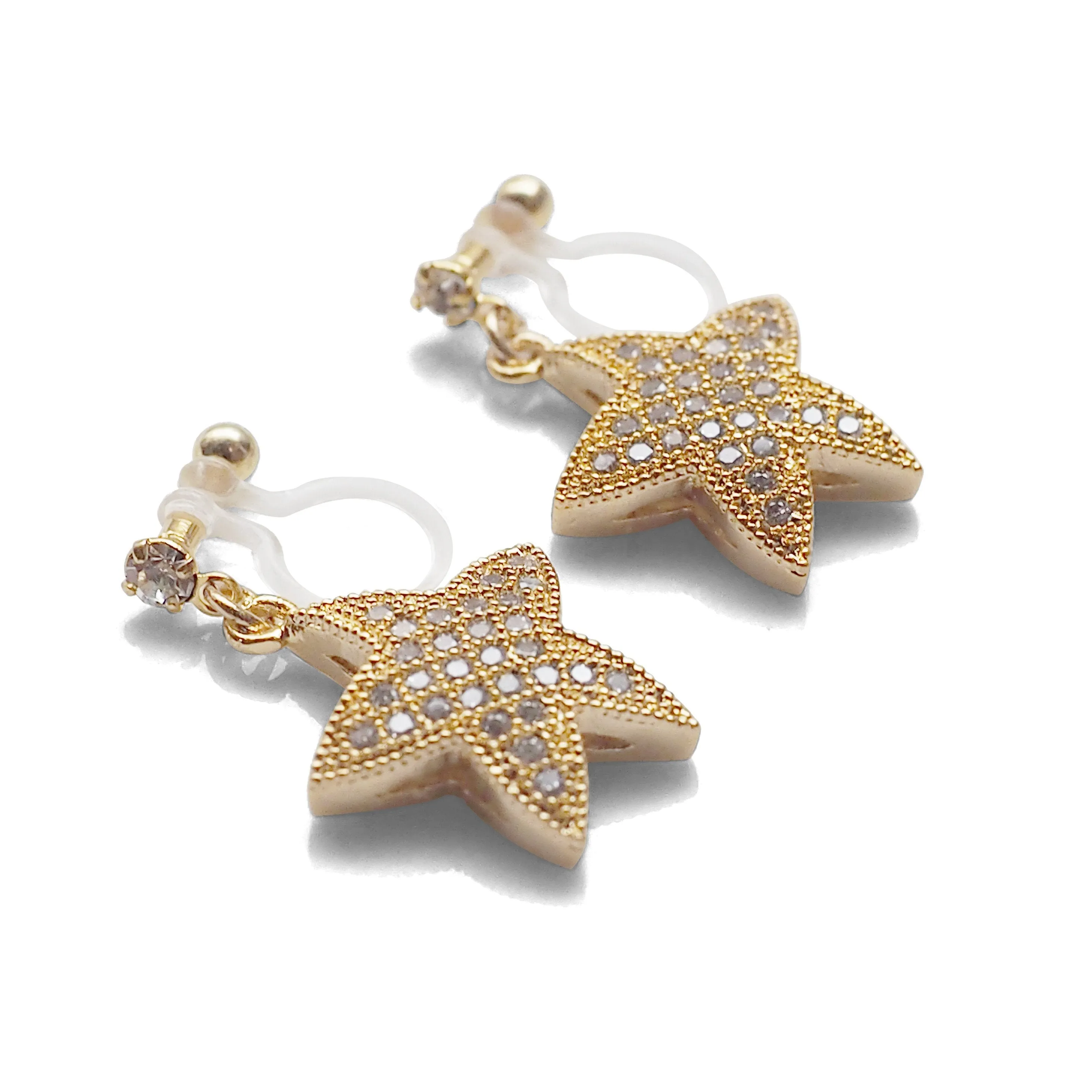 Star micro pave cubic zirconia invisible clip on earrings ( gold tone )