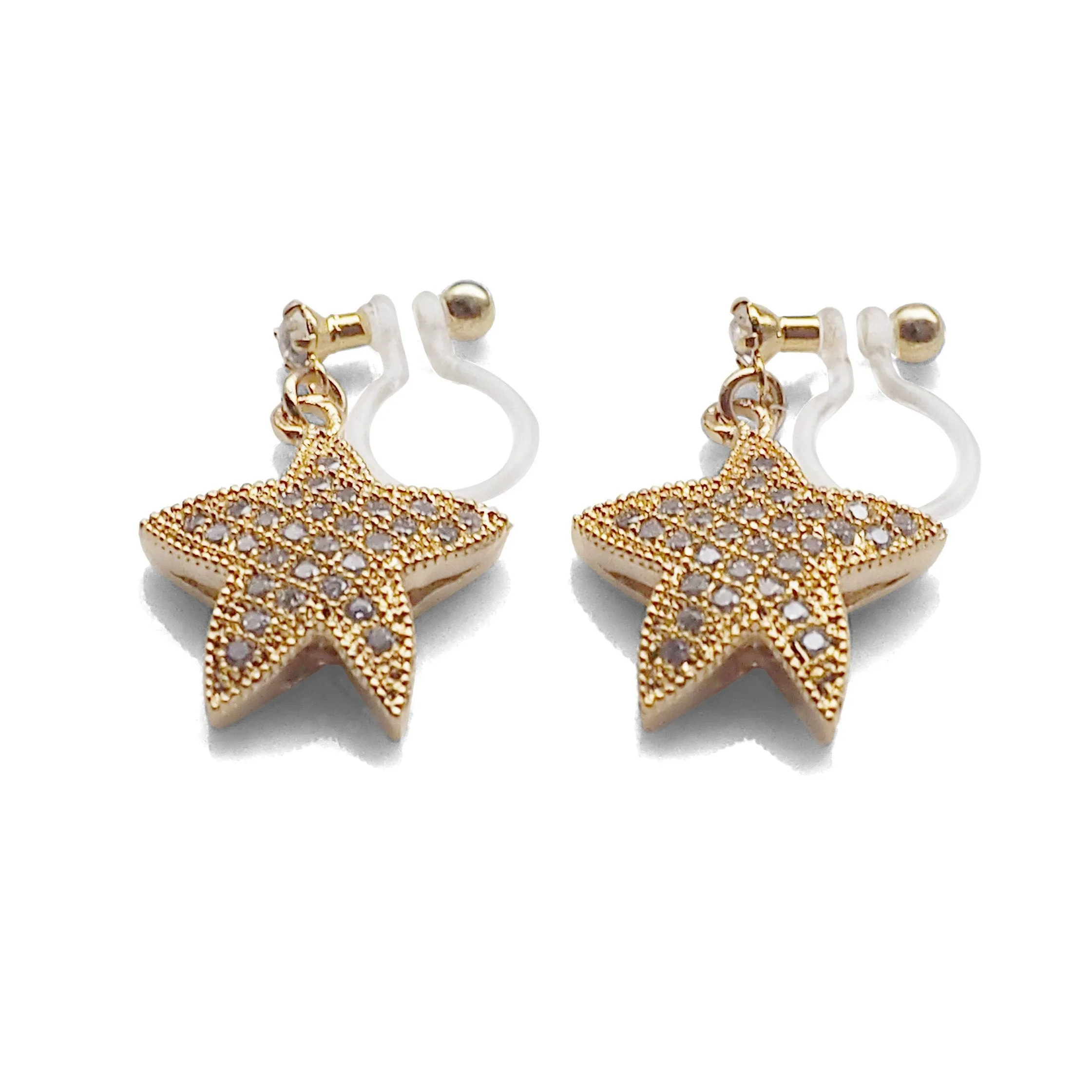 Star micro pave cubic zirconia invisible clip on earrings ( gold tone )