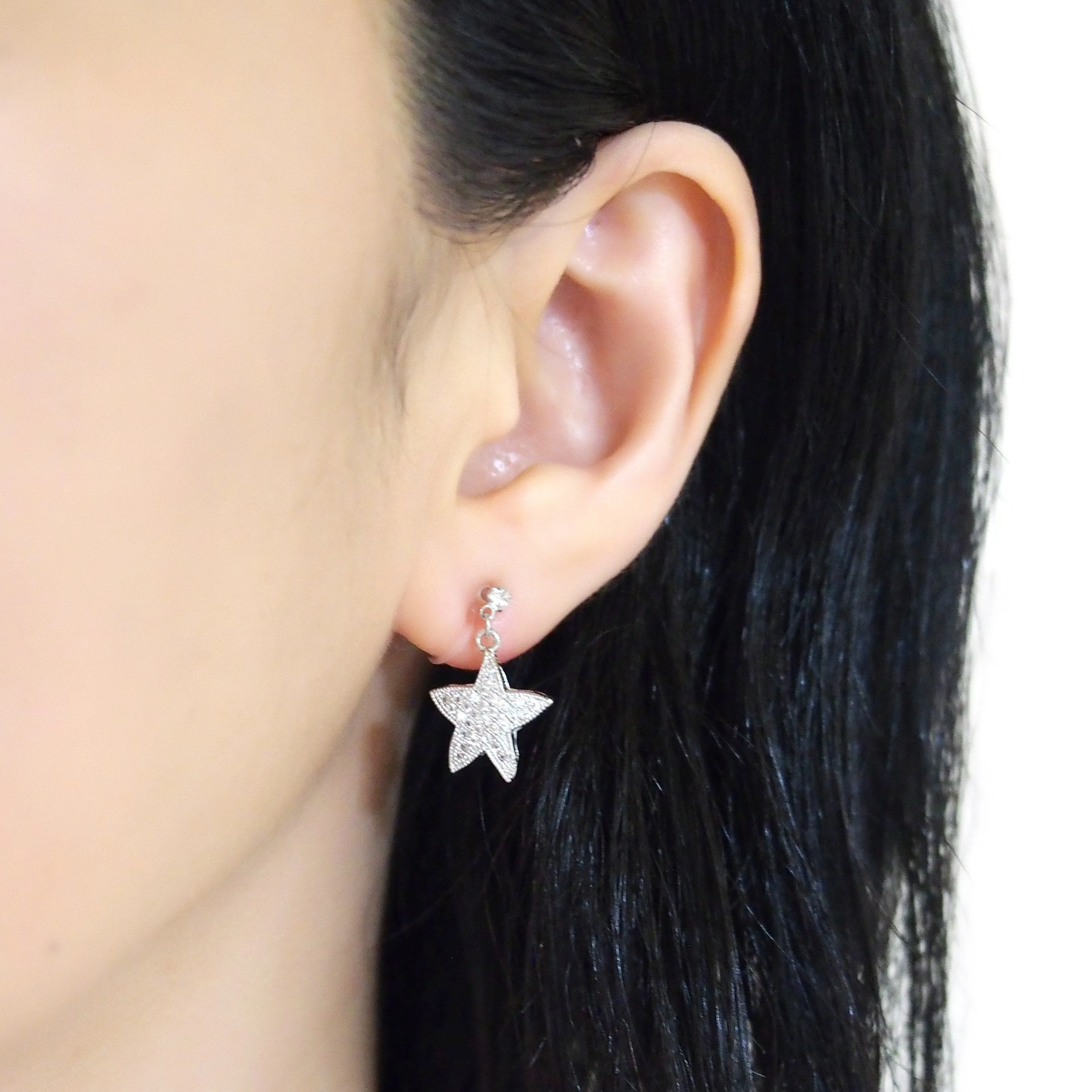 Star micro pave cubic zirconia invisible clip on earrings ( silver tone )