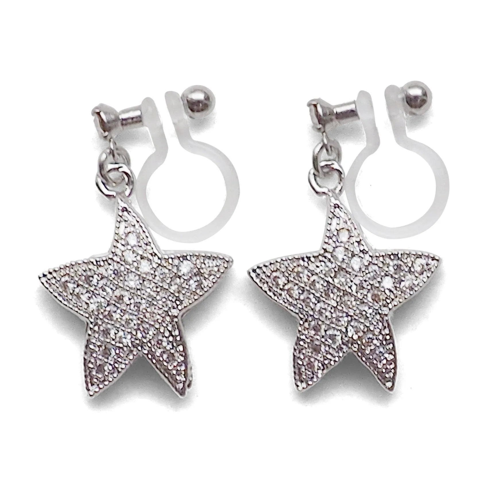 Star micro pave cubic zirconia invisible clip on earrings ( silver tone )