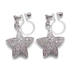 Star micro pave cubic zirconia invisible clip on earrings ( silver tone )