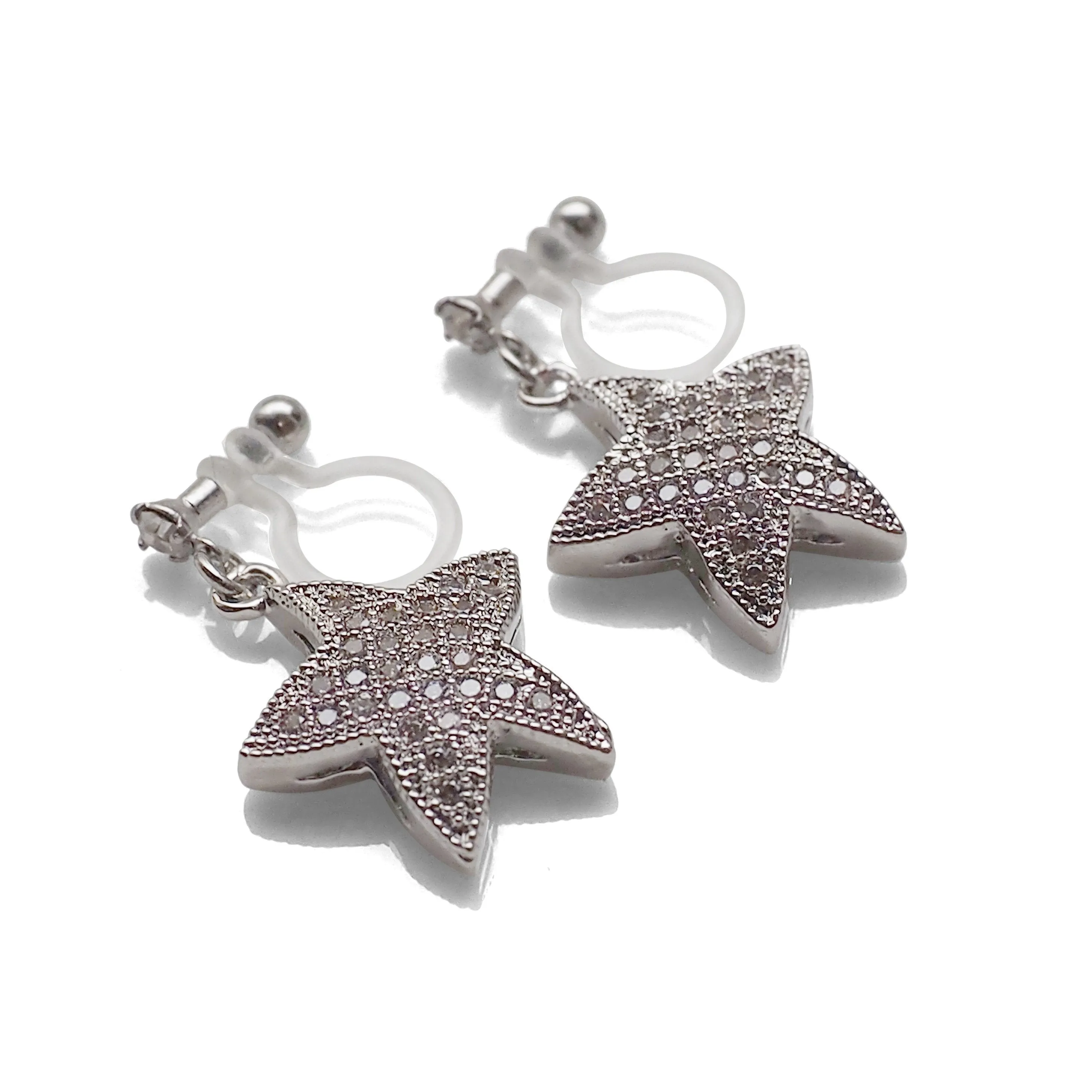 Star micro pave cubic zirconia invisible clip on earrings ( silver tone )