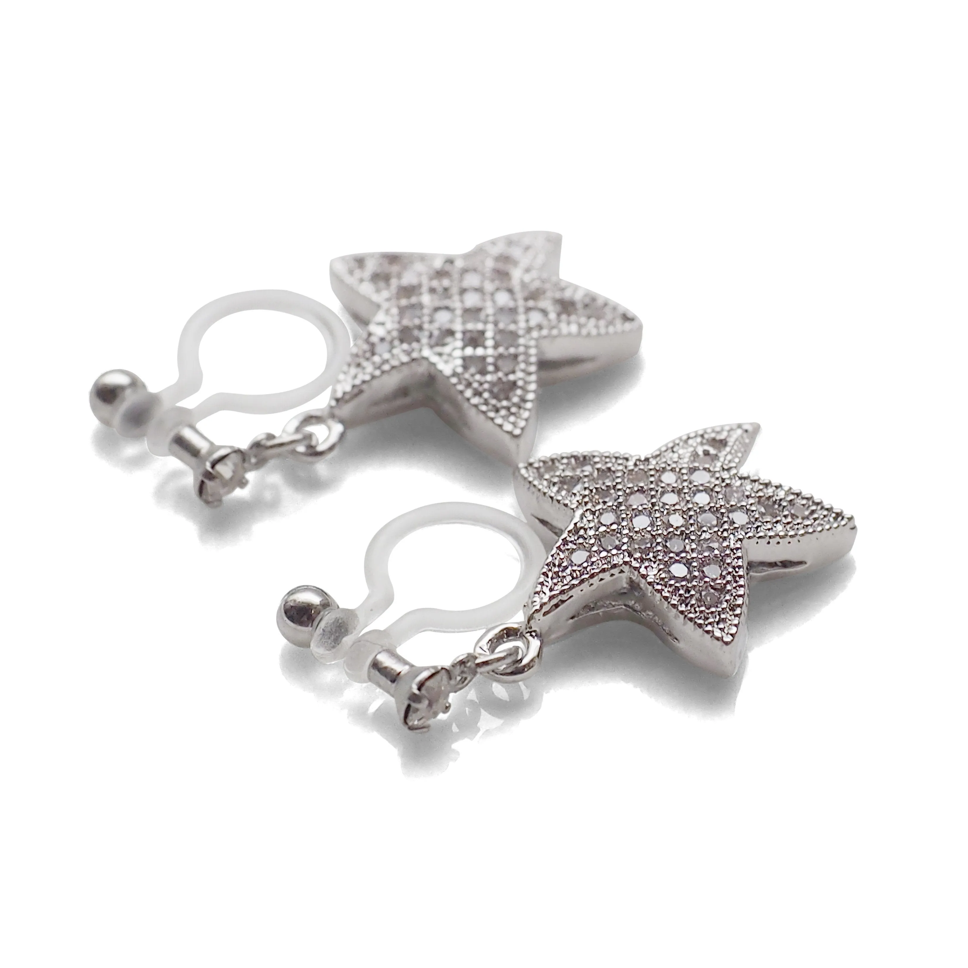 Star micro pave cubic zirconia invisible clip on earrings ( silver tone )