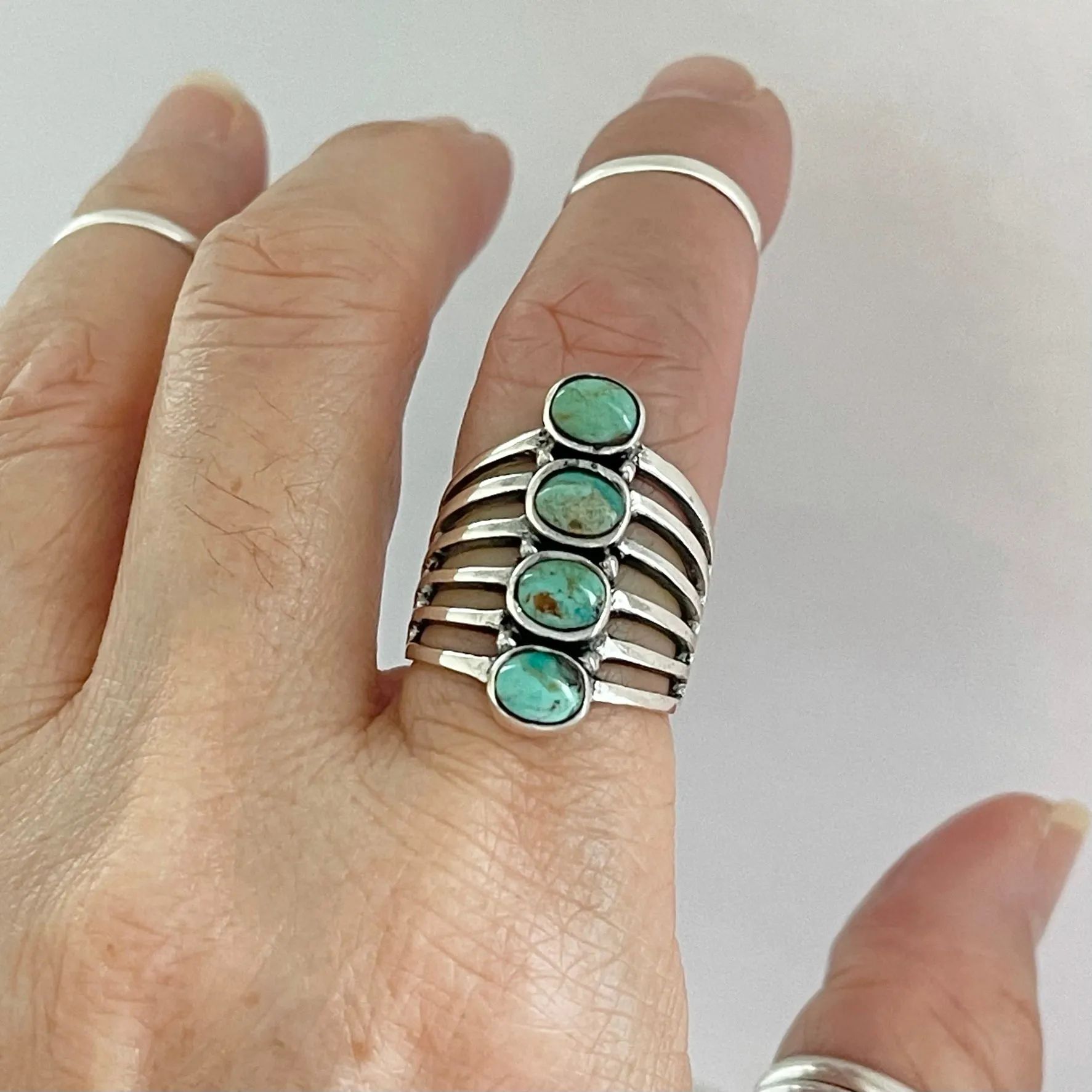 Sterling Silver 4 Round Genuine Turquoise Ring, Statement Ring, Boho Ring, Silver Ring