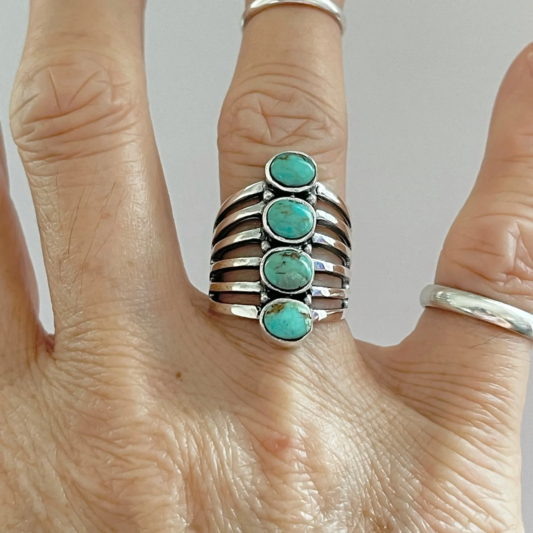 Sterling Silver 4 Round Genuine Turquoise Ring, Statement Ring, Boho Ring, Silver Ring