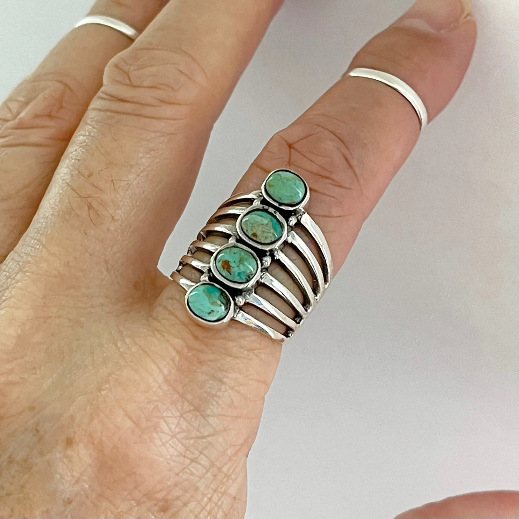 Sterling Silver 4 Round Genuine Turquoise Ring, Statement Ring, Boho Ring, Silver Ring