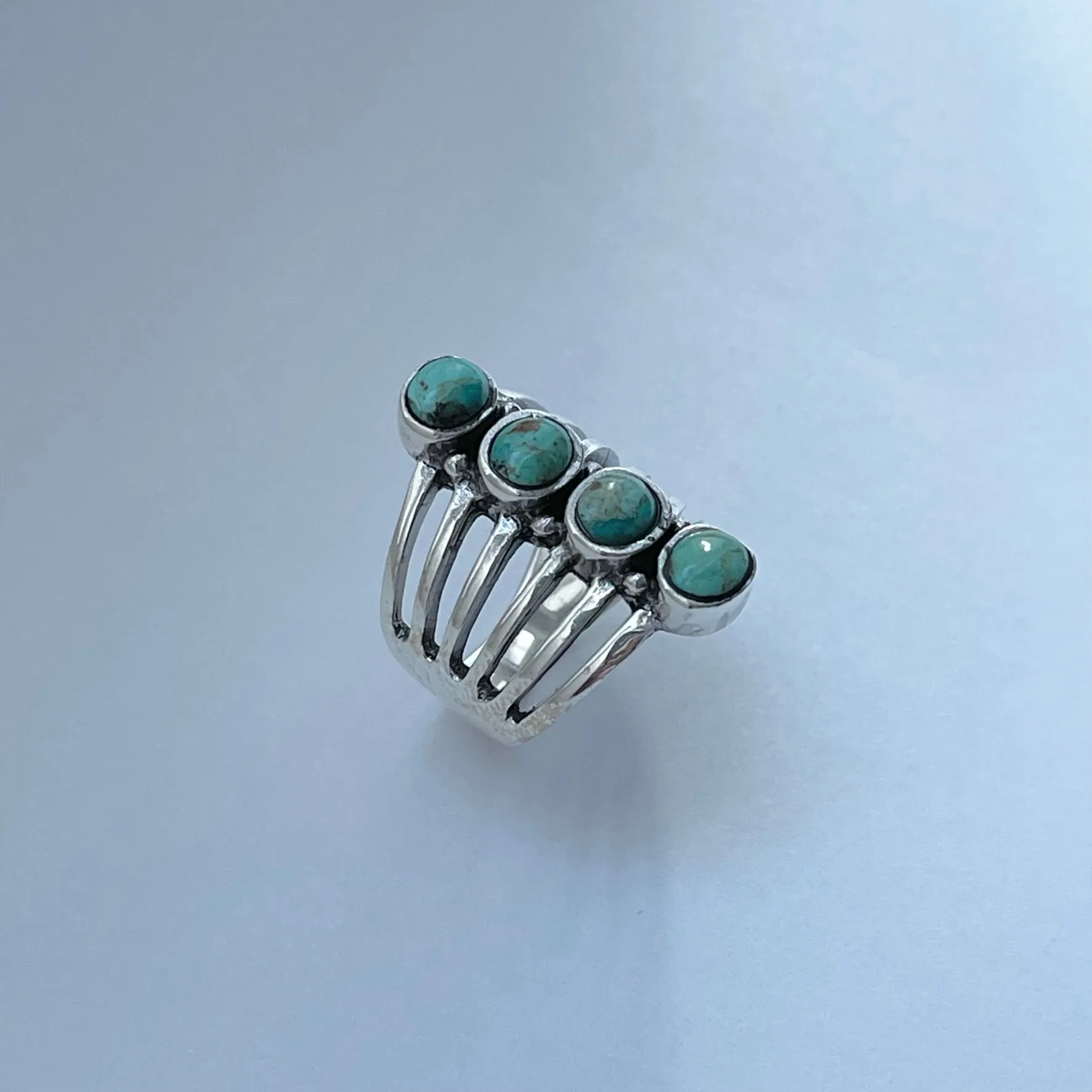 Sterling Silver 4 Round Genuine Turquoise Ring, Statement Ring, Boho Ring, Silver Ring