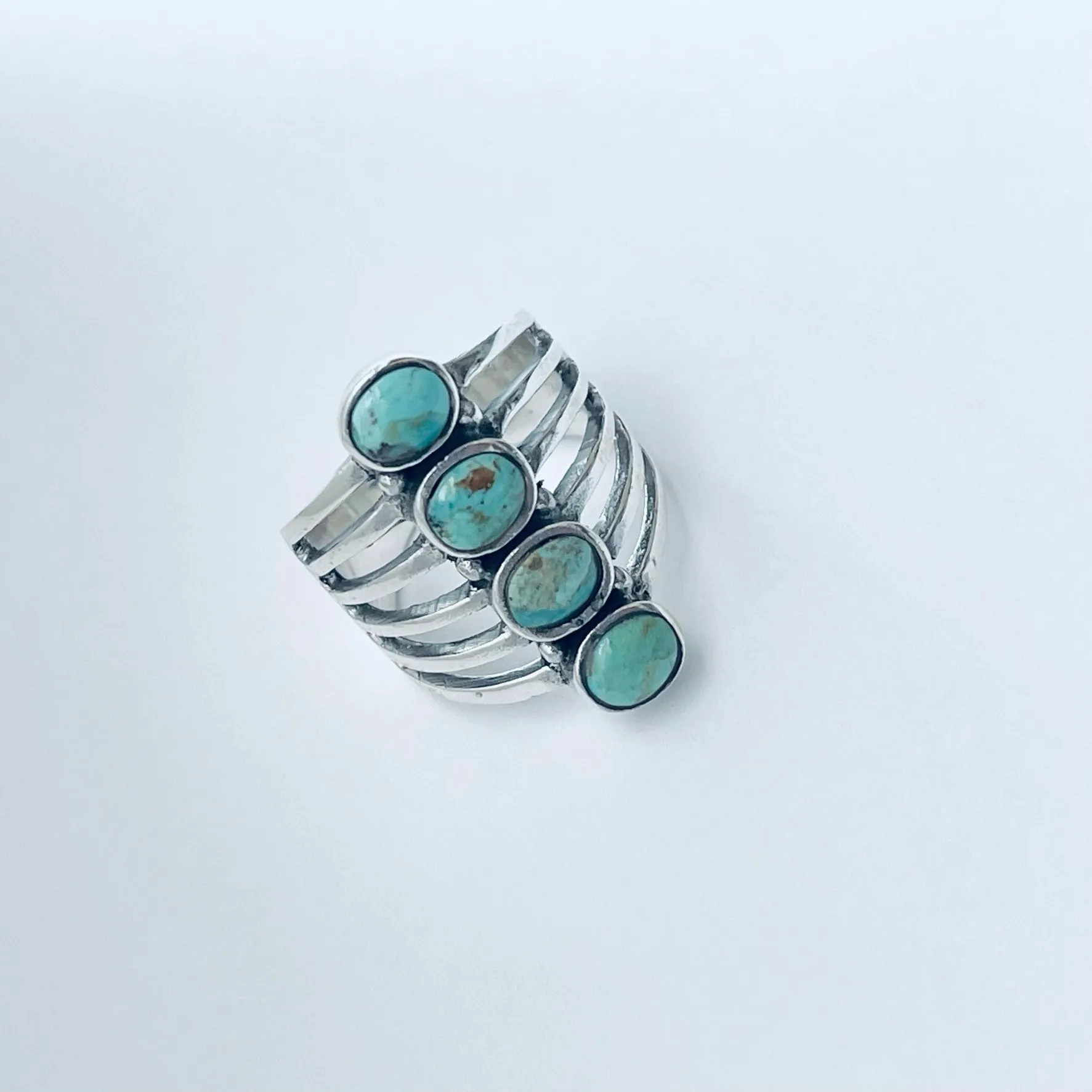 Sterling Silver 4 Round Genuine Turquoise Ring, Statement Ring, Boho Ring, Silver Ring