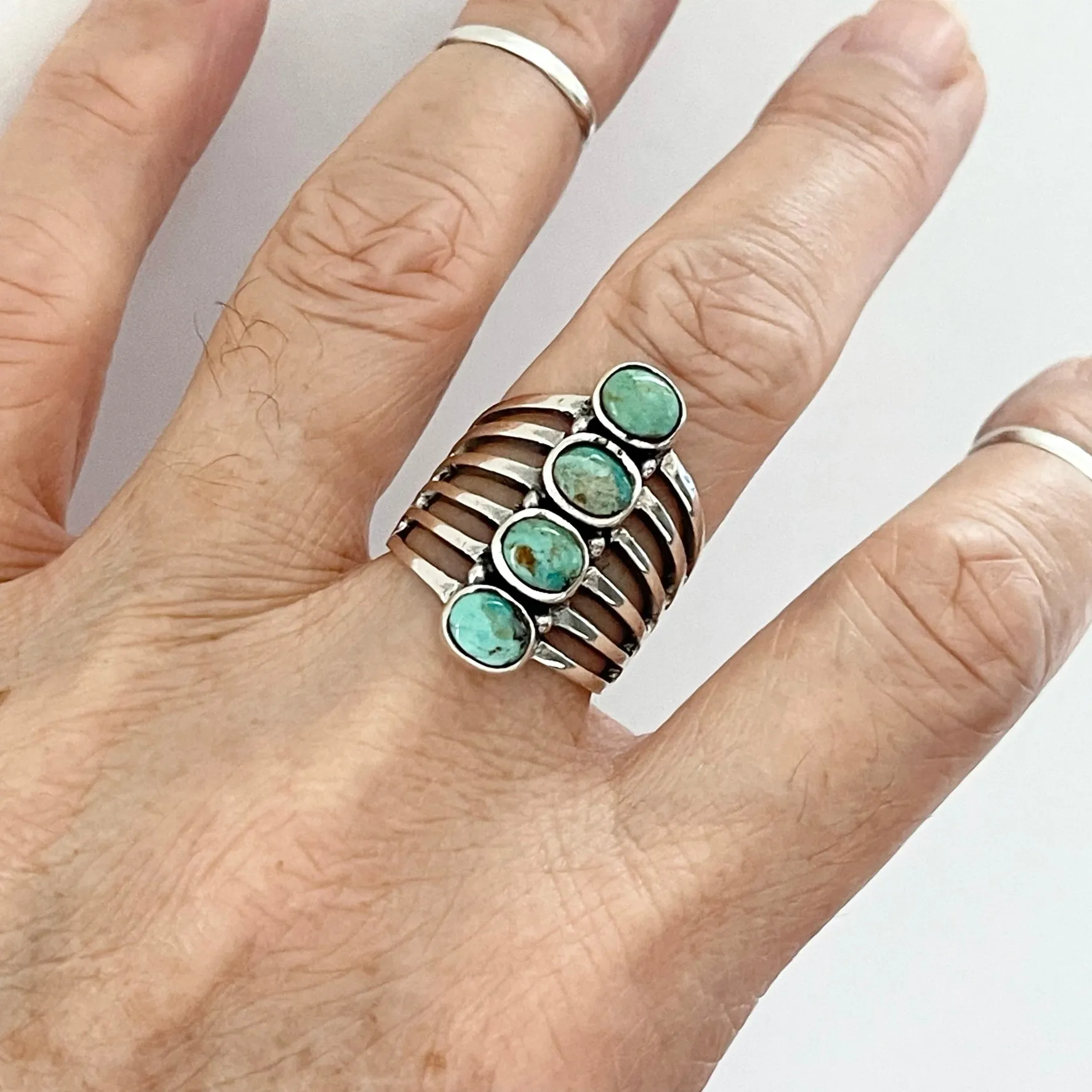 Sterling Silver 4 Round Genuine Turquoise Ring, Statement Ring, Boho Ring, Silver Ring