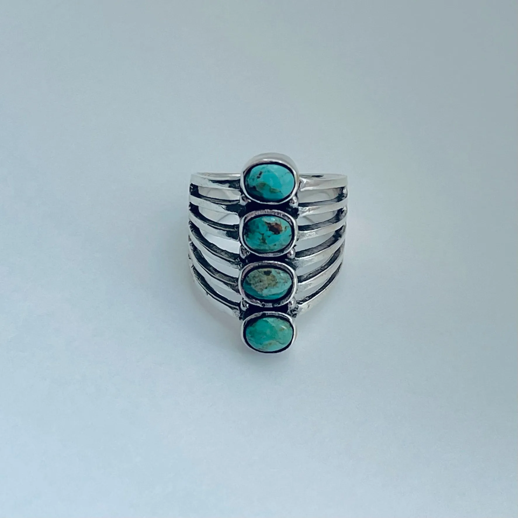 Sterling Silver 4 Round Genuine Turquoise Ring, Statement Ring, Boho Ring, Silver Ring
