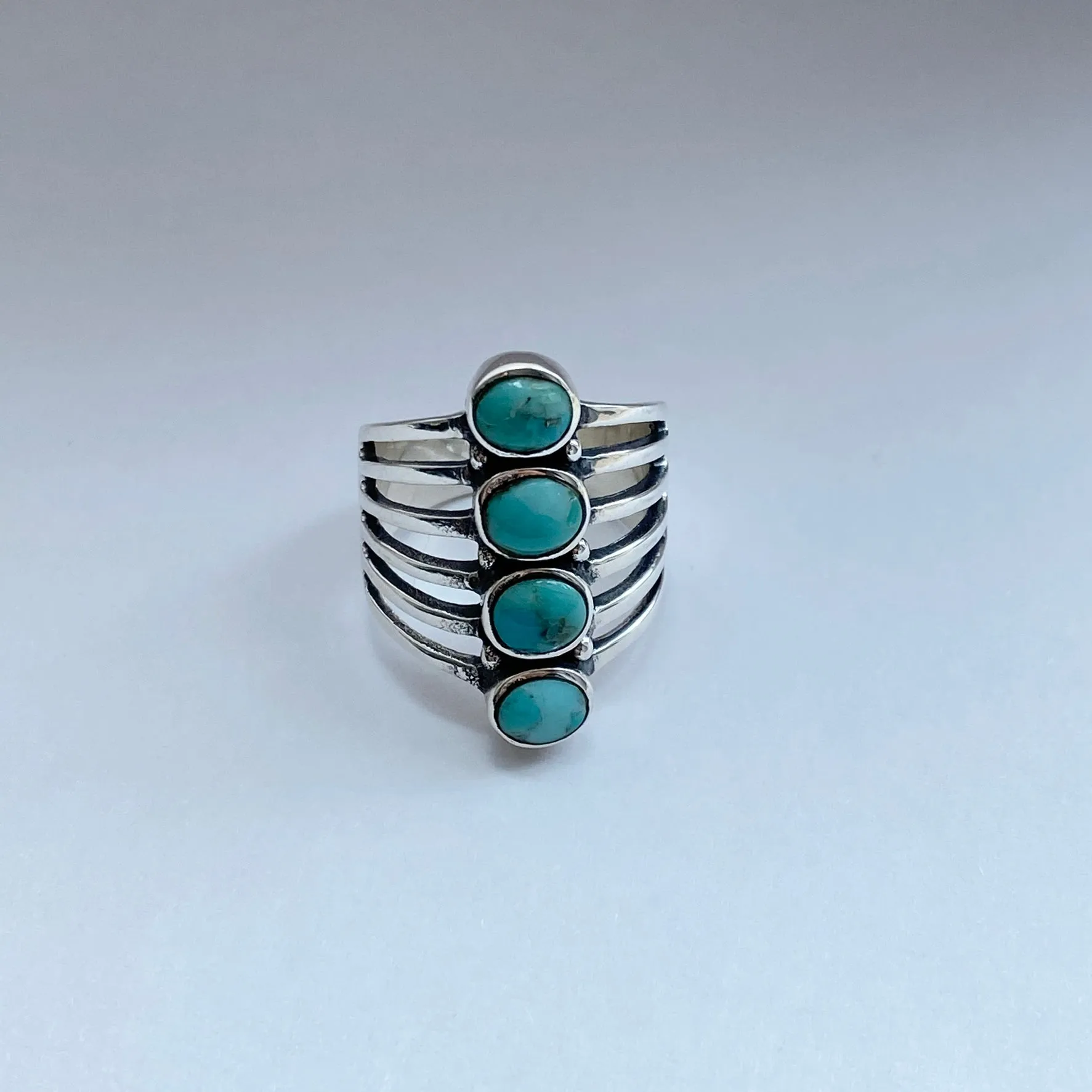 Sterling Silver 4 Round Genuine Turquoise Ring, Statement Ring, Boho Ring, Silver Ring