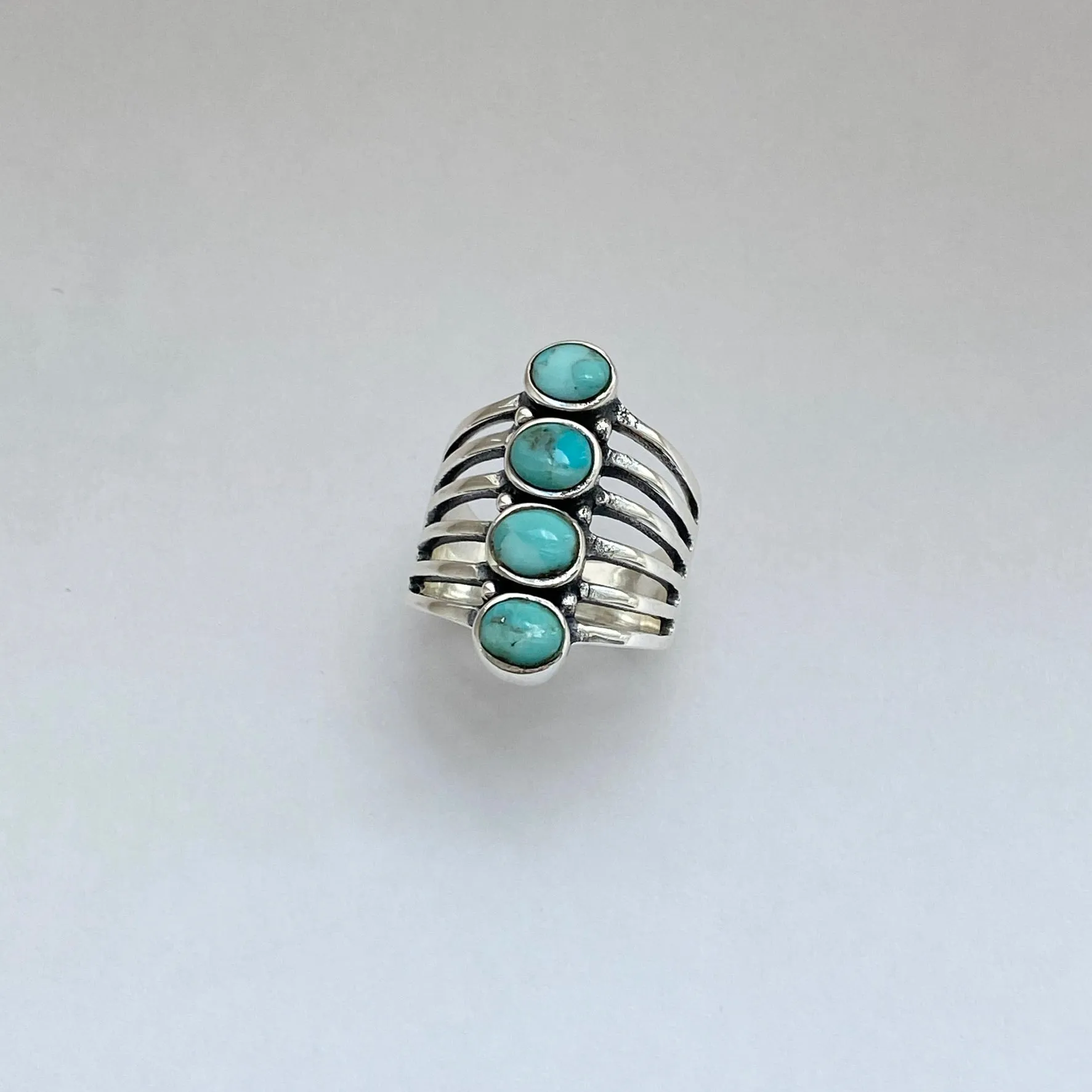 Sterling Silver 4 Round Genuine Turquoise Ring, Statement Ring, Boho Ring, Silver Ring