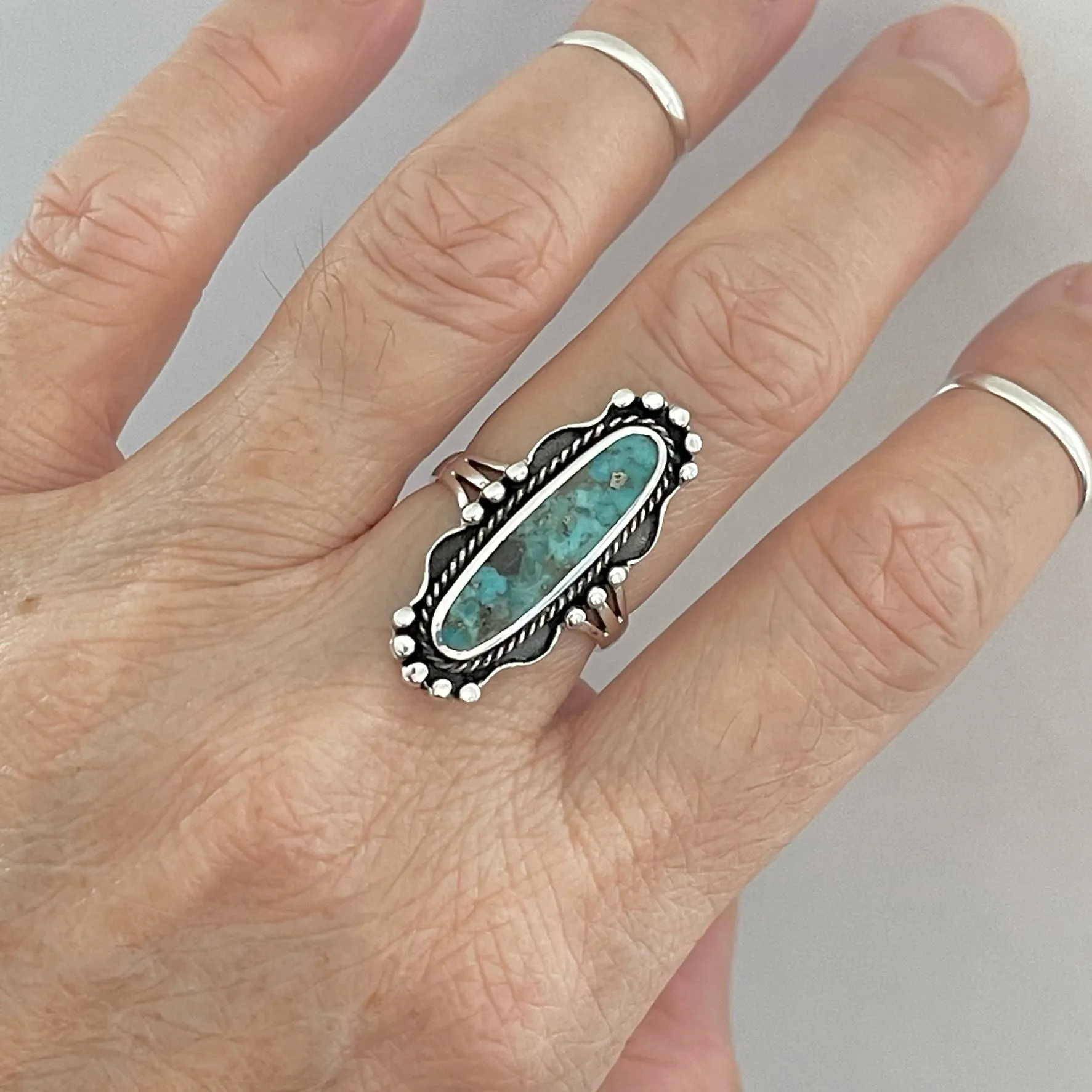 Sterling Silver Boho Long Oval Genuine Turquoise Ring, Silver Ring, Statement Ring, Boho Ring
