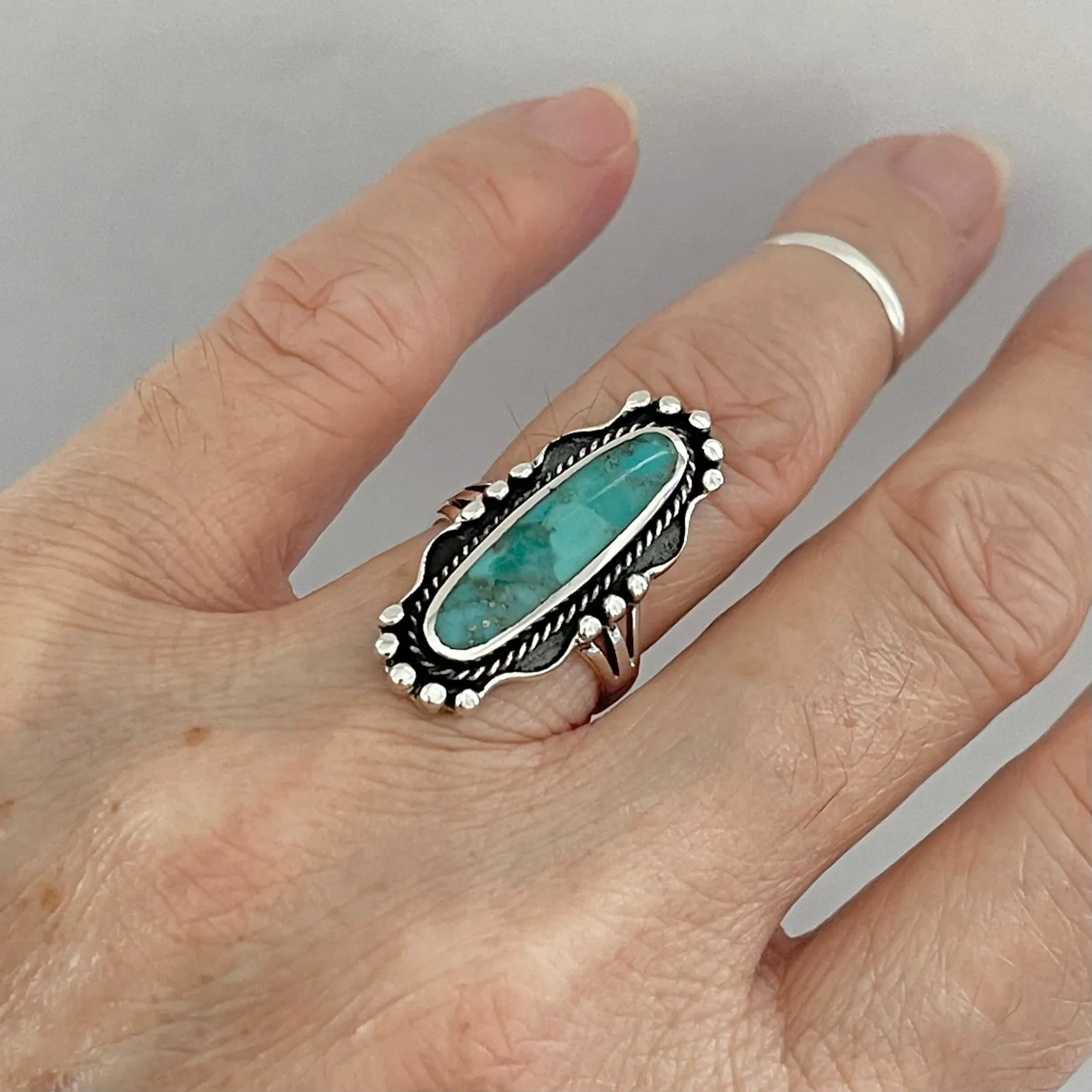 Sterling Silver Boho Long Oval Genuine Turquoise Ring, Silver Ring, Statement Ring, Boho Ring