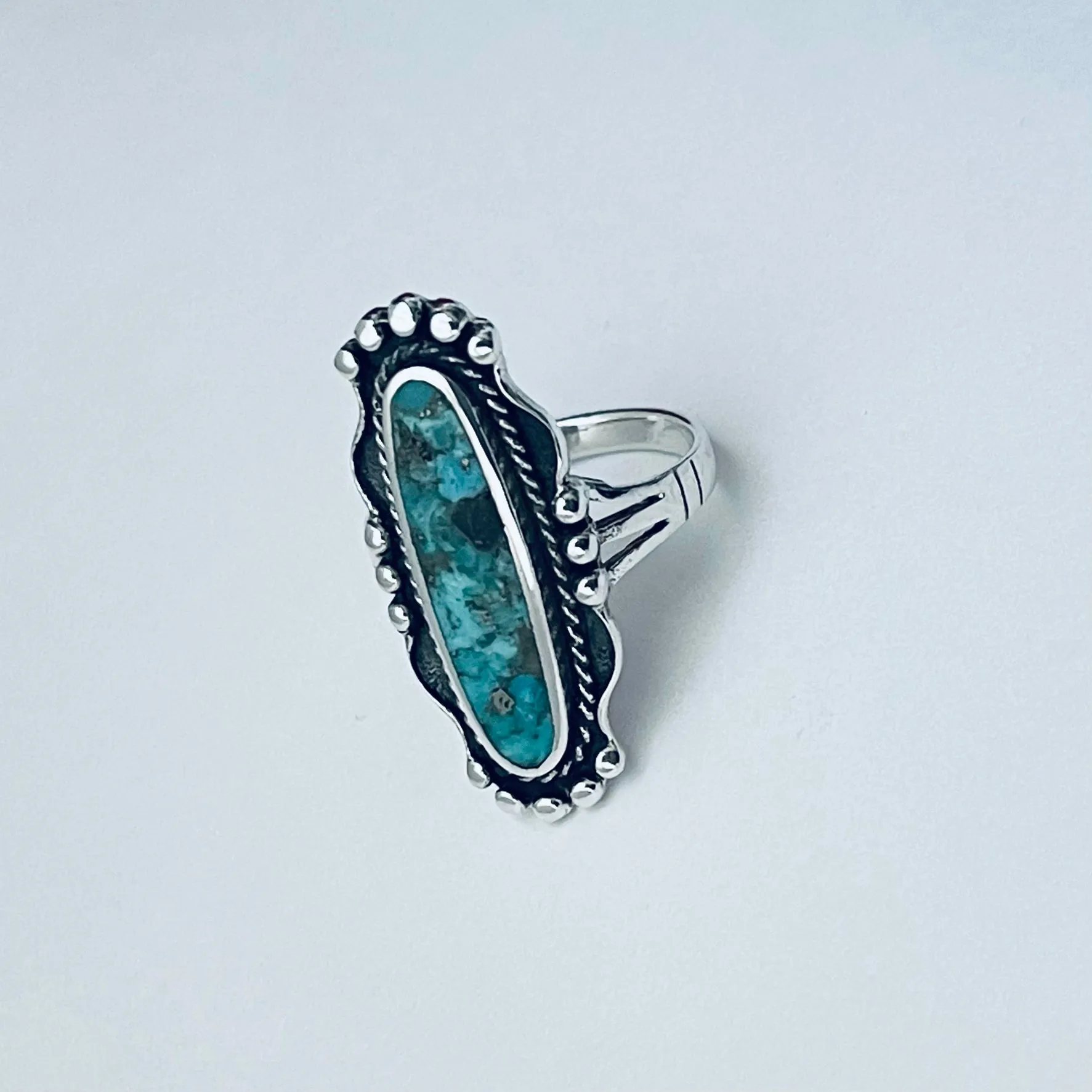 Sterling Silver Boho Long Oval Genuine Turquoise Ring, Silver Ring, Statement Ring, Boho Ring
