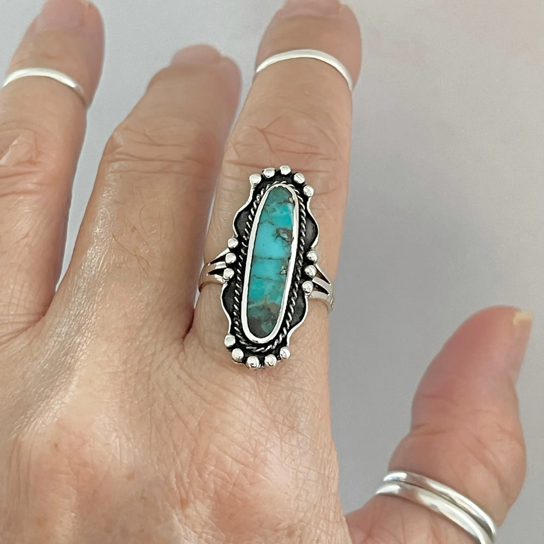 Sterling Silver Boho Long Oval Genuine Turquoise Ring, Silver Ring, Statement Ring, Boho Ring