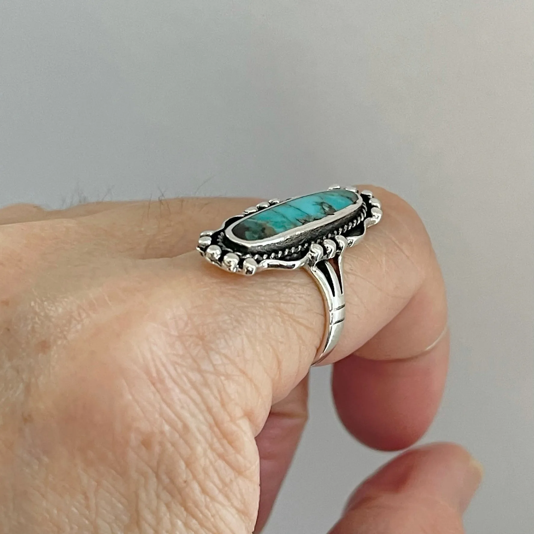 Sterling Silver Boho Long Oval Genuine Turquoise Ring, Silver Ring, Statement Ring, Boho Ring