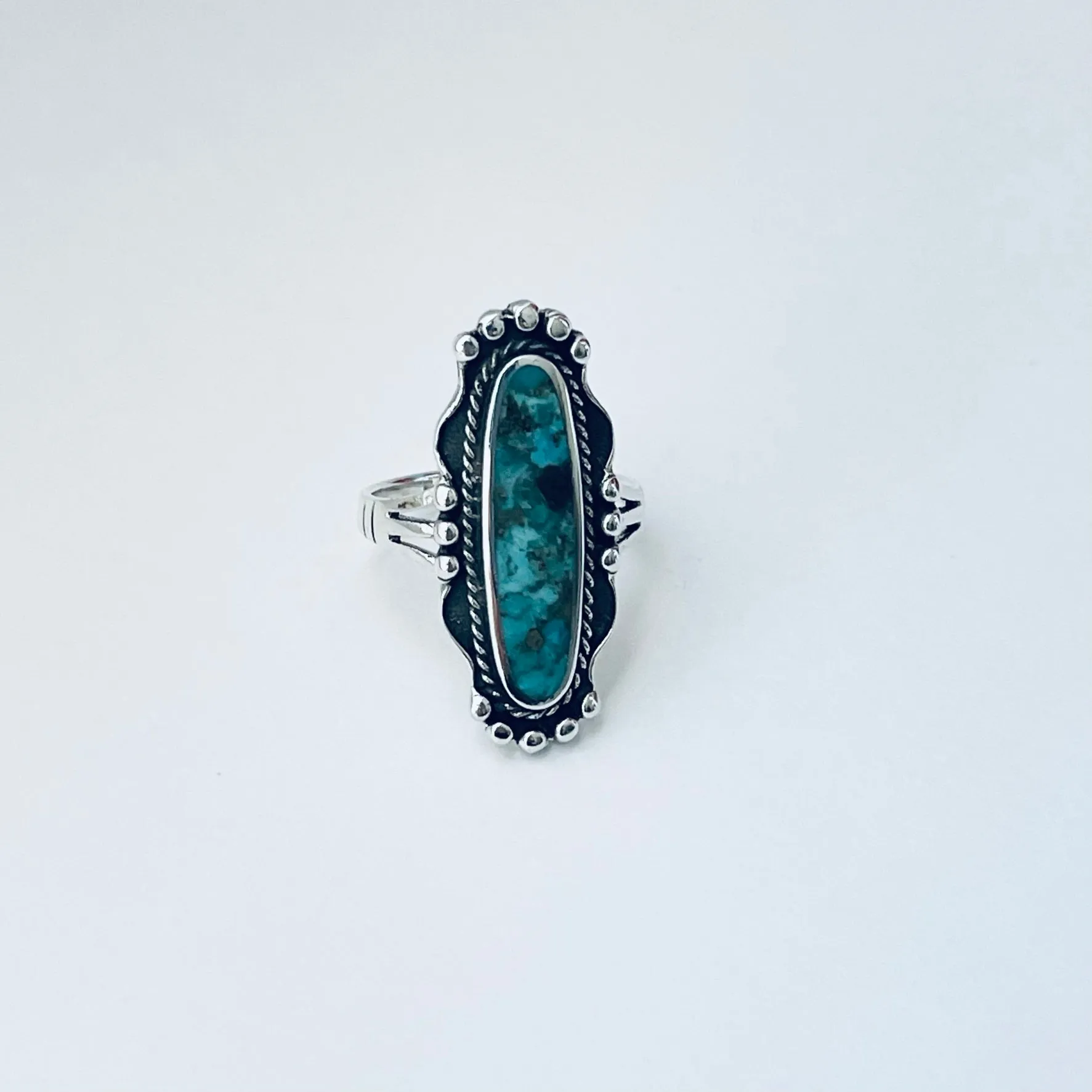 Sterling Silver Boho Long Oval Genuine Turquoise Ring, Silver Ring, Statement Ring, Boho Ring