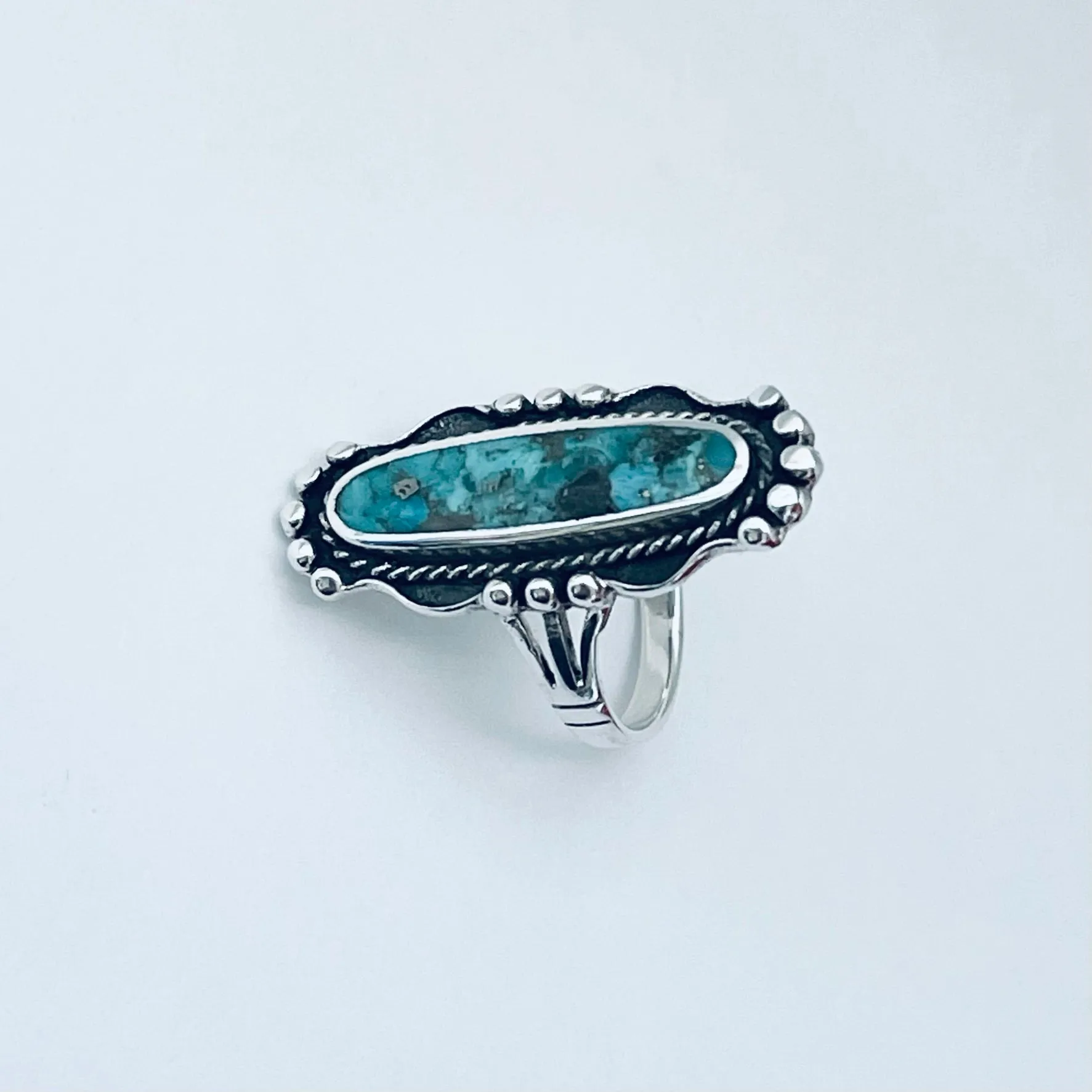 Sterling Silver Boho Long Oval Genuine Turquoise Ring, Silver Ring, Statement Ring, Boho Ring
