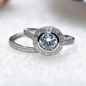 Sterling Silver CZ Manmade Gemstone Engagement Ring & Wedding Band Set - Size 8