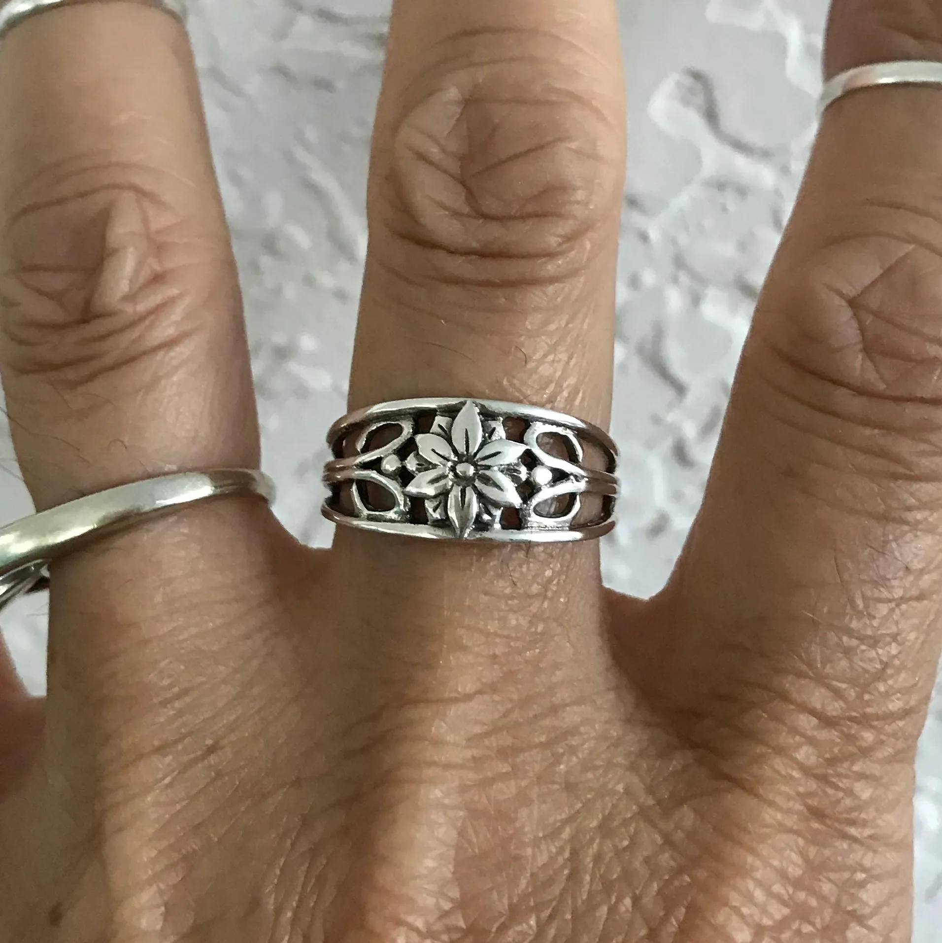 Sterling Silver Flower Ring with Swirls, Boho Ring, Silver Ring, Swirly Ring