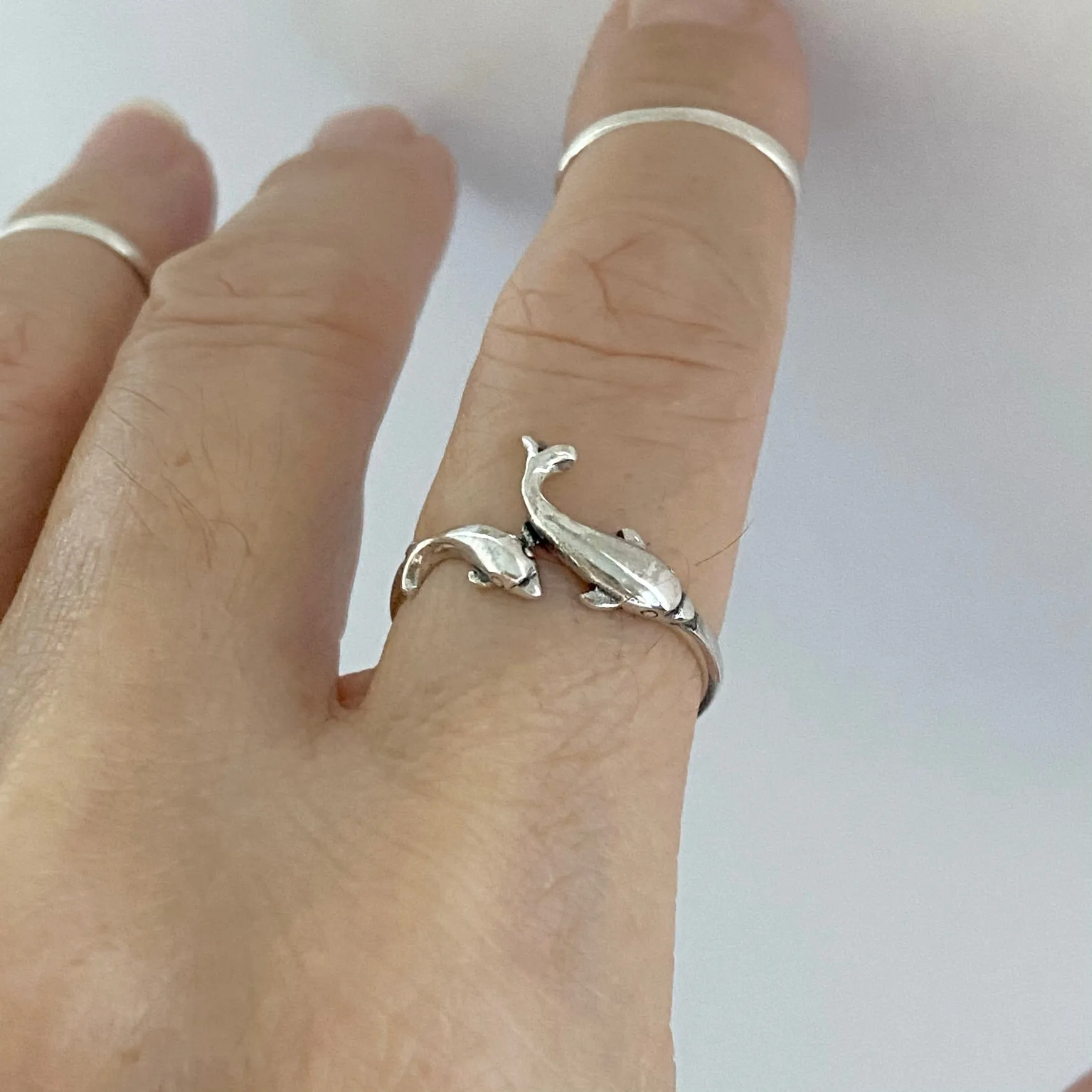 Sterling Silver Mama and Baby Dolphins Ring, Silver Ring, Dolphin Ring, Ocean Rings