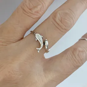Sterling Silver Mama and Baby Dolphins Ring, Silver Ring, Dolphin Ring, Ocean Rings