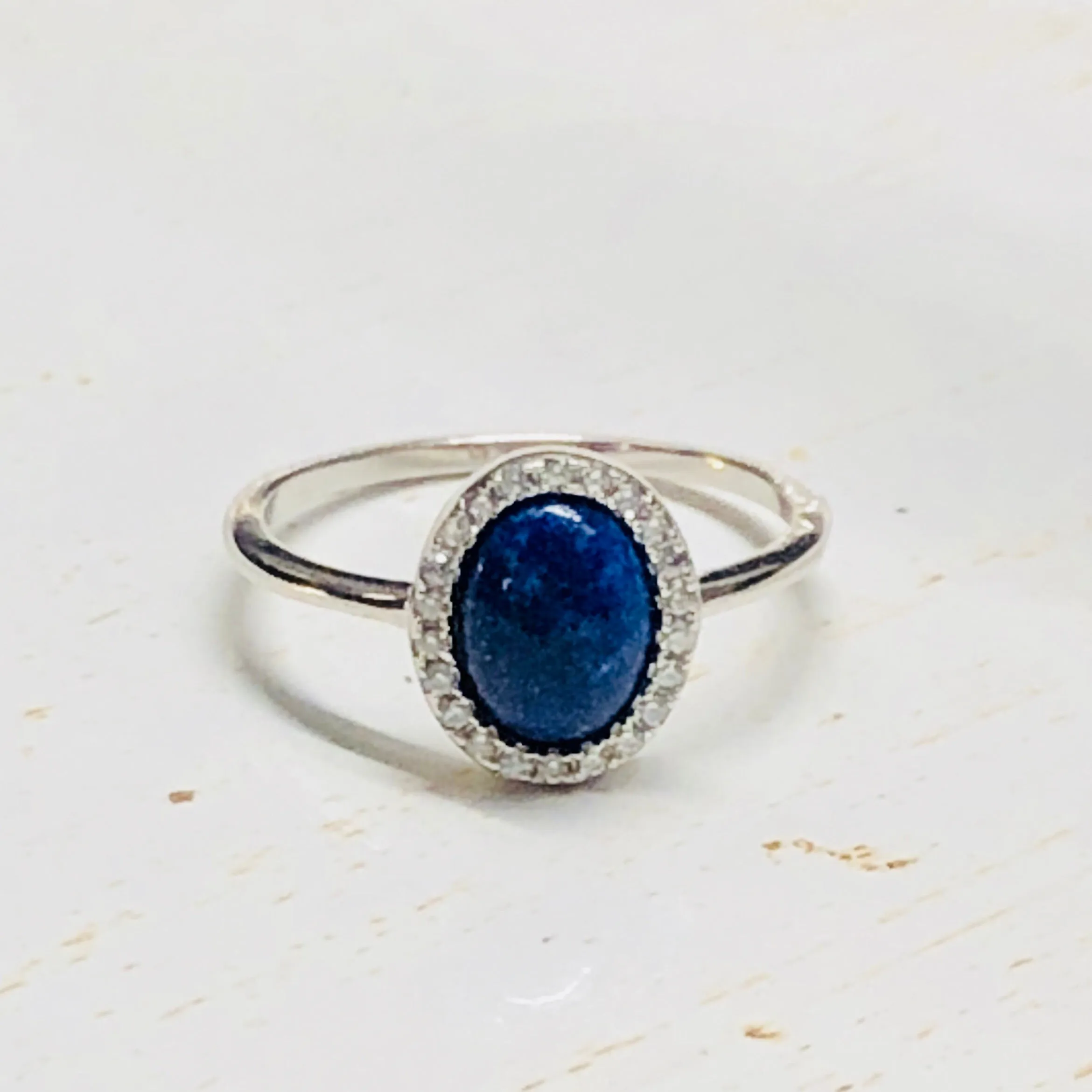 Sterling Silver Oval Lapis and CZ Halo Ring, Size 6 (92460)