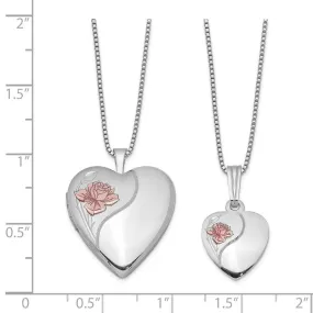 Sterling Silver Rhodium-plated Polished/Satin Enameled Rose Heart 18in Locket Necklace & 14in Pendant Necklace Set QLS448SET
