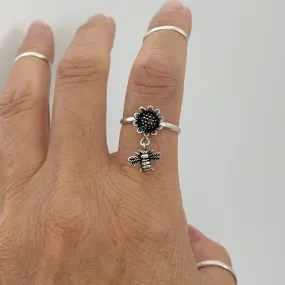 Sterling Silver Sunflower and Dangling Bumblebee Ring, Sunflower Ring, Silver Ring, Flower Ring