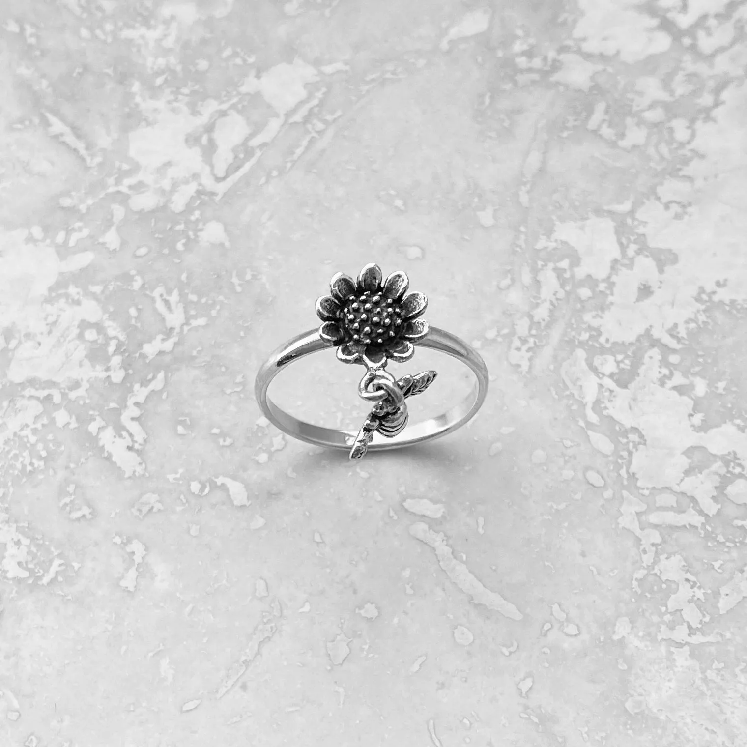 Sterling Silver Sunflower and Dangling Bumblebee Ring, Sunflower Ring, Silver Ring, Flower Ring