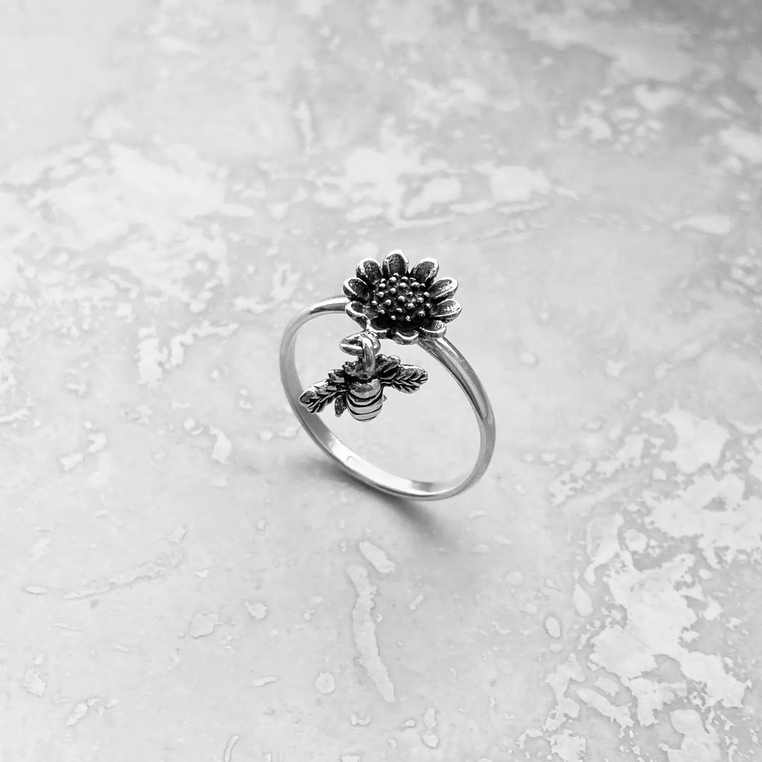 Sterling Silver Sunflower and Dangling Bumblebee Ring, Sunflower Ring, Silver Ring, Flower Ring
