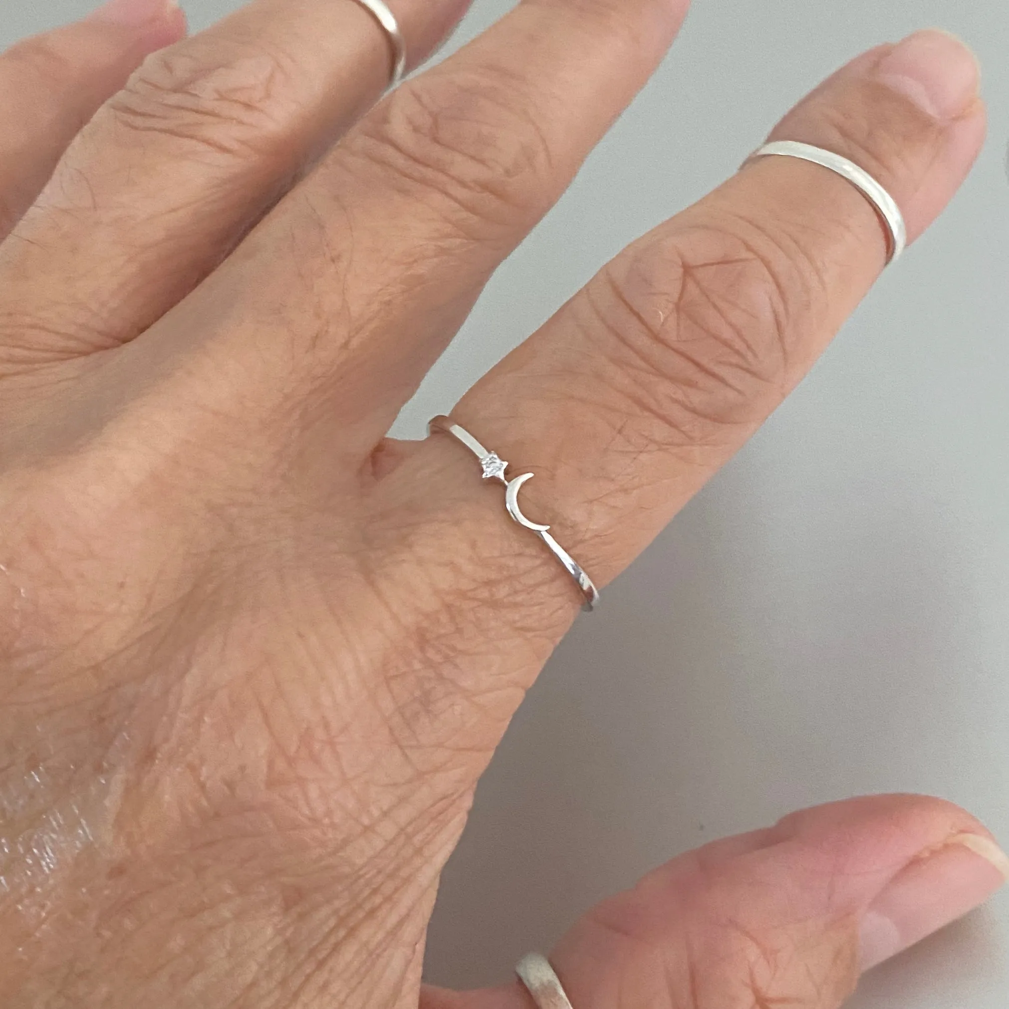 Sterling Silver Tiny Moon and CZ Star Ring, Dainty Ring, Silver Ring, Boho Ring, Moon Ring