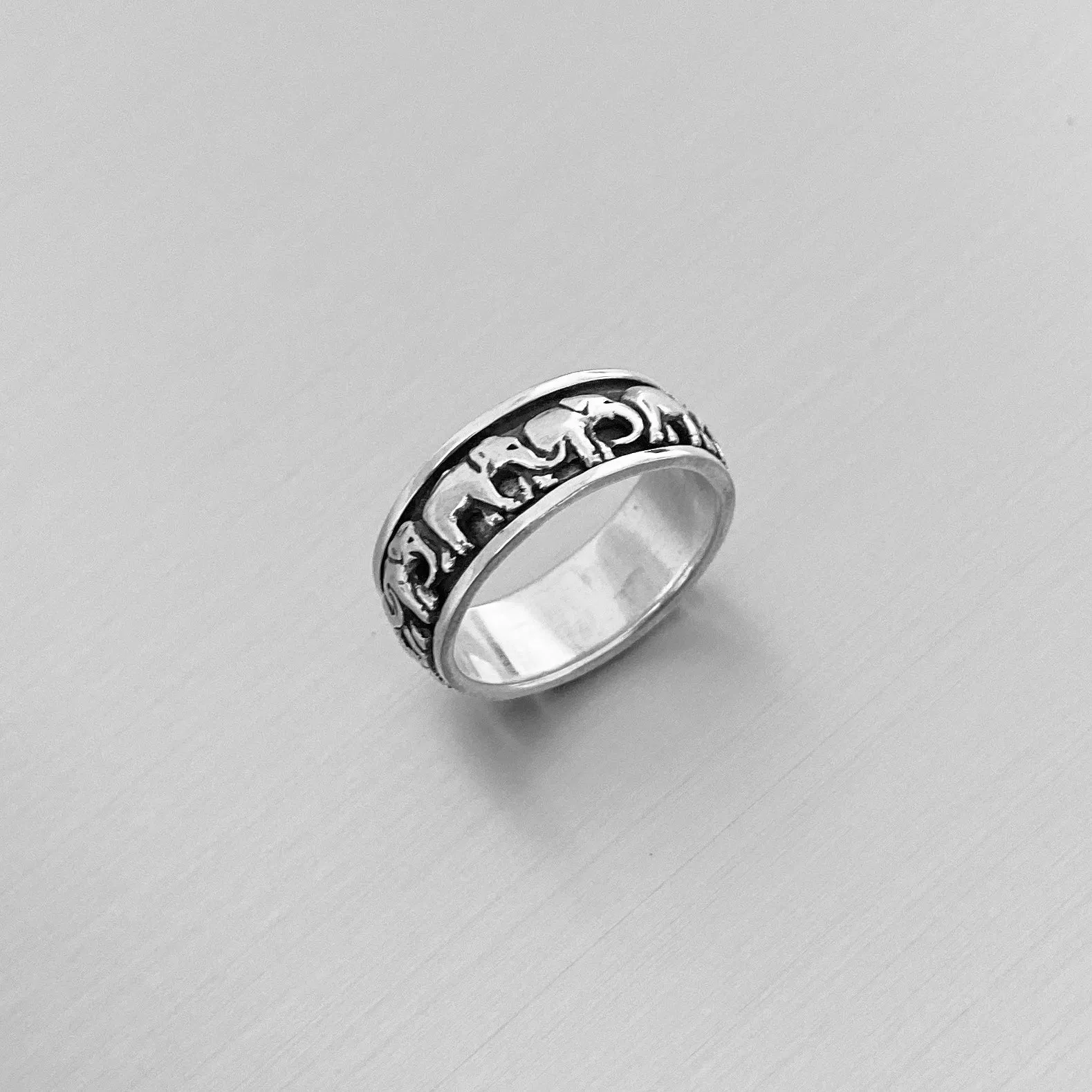 Sterling Sterling Marching Herd of Elephants Ring, Spinner Ring, Silver Ring, Good Luck Ring