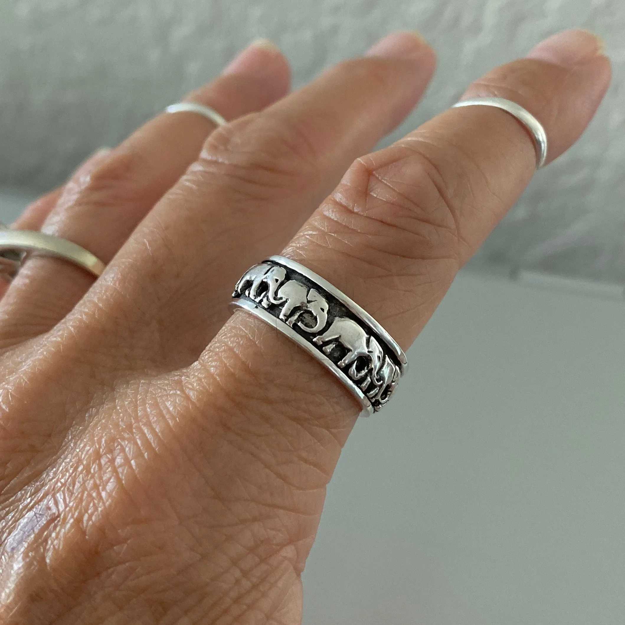 Sterling Sterling Marching Herd of Elephants Ring, Spinner Ring, Silver Ring, Good Luck Ring