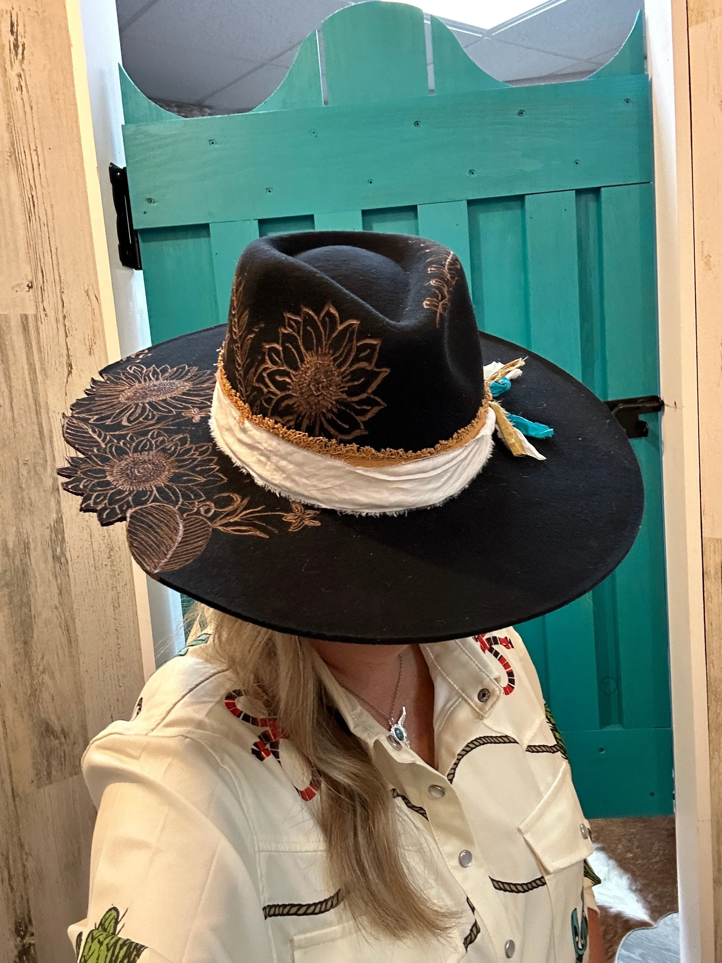 Sunflowers Live Edge Rancher Hat Custom Burned - Black| Bourbon Cowgirl